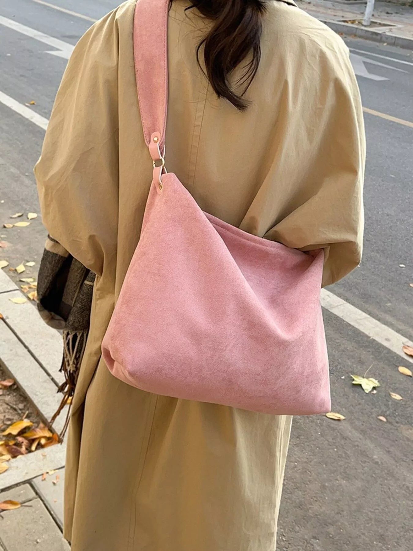 Trendsi suede hobo shoulder handbag with soft, textured material and spacious design, perfect for stylish everyday use.