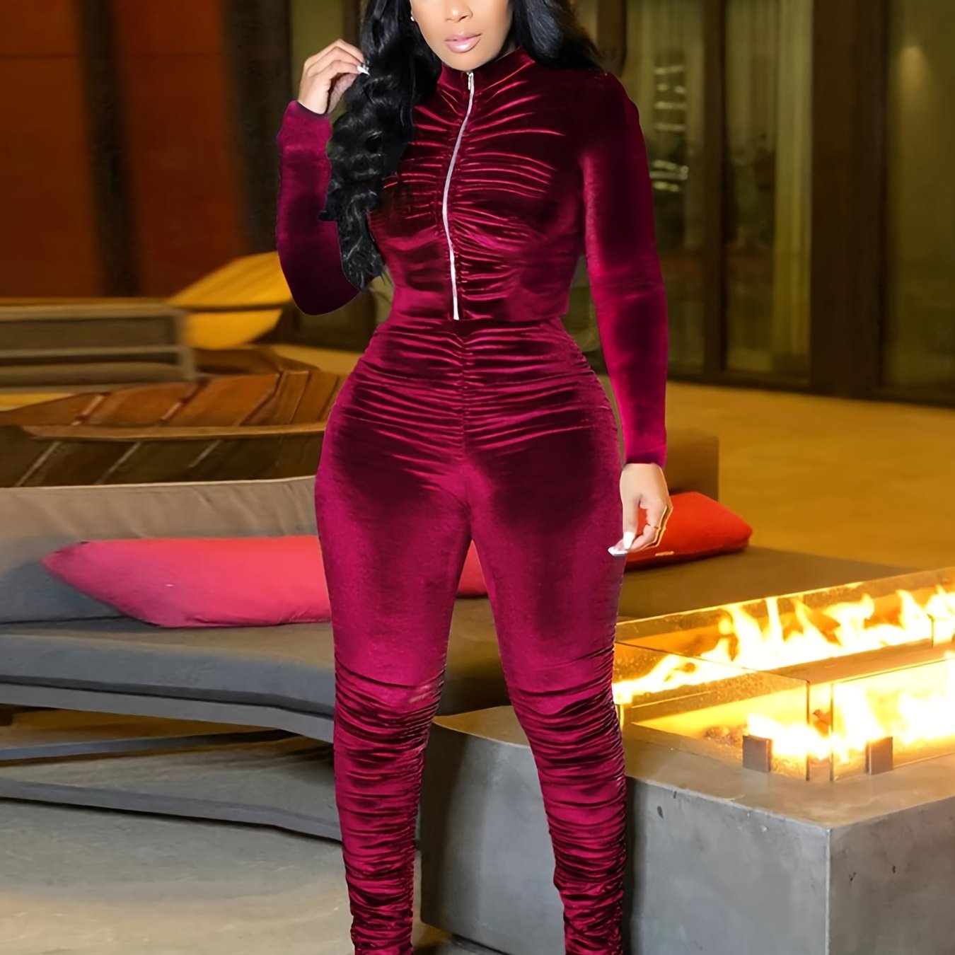 Cropped Zipper Jacket & Fleece Pants Lounge Set