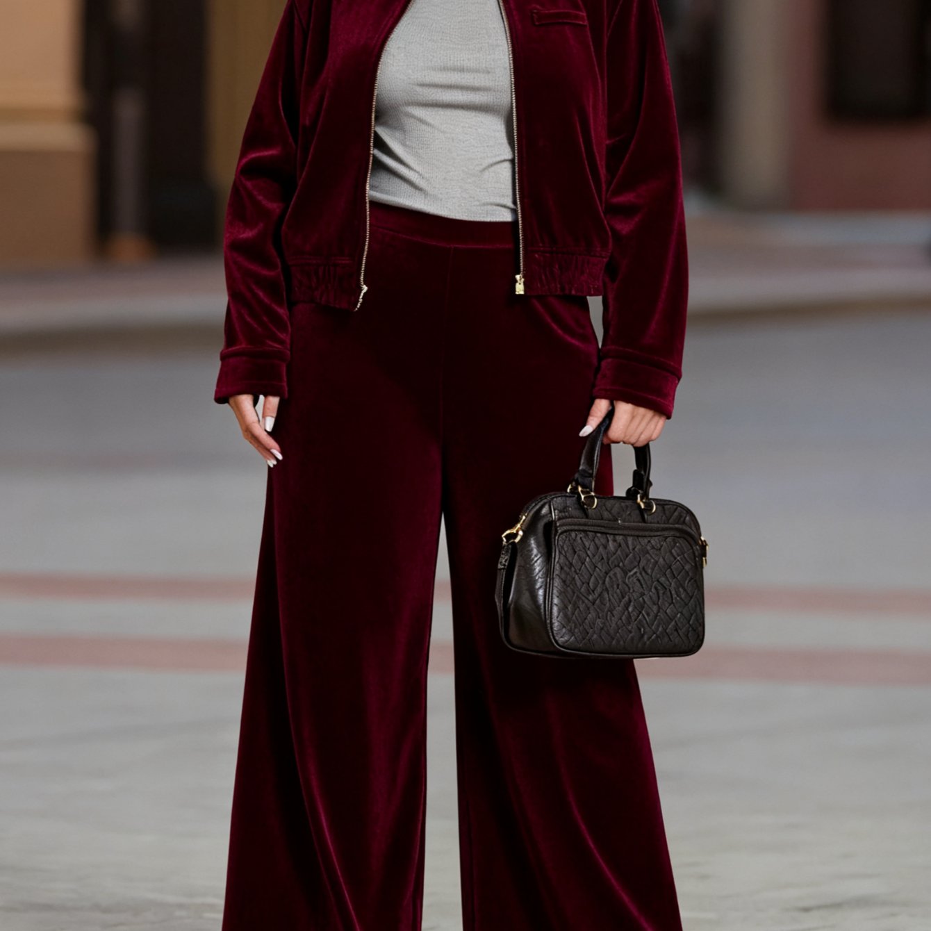 Retro Style Crimson Short Jacket & Wide-Leg Pant Set