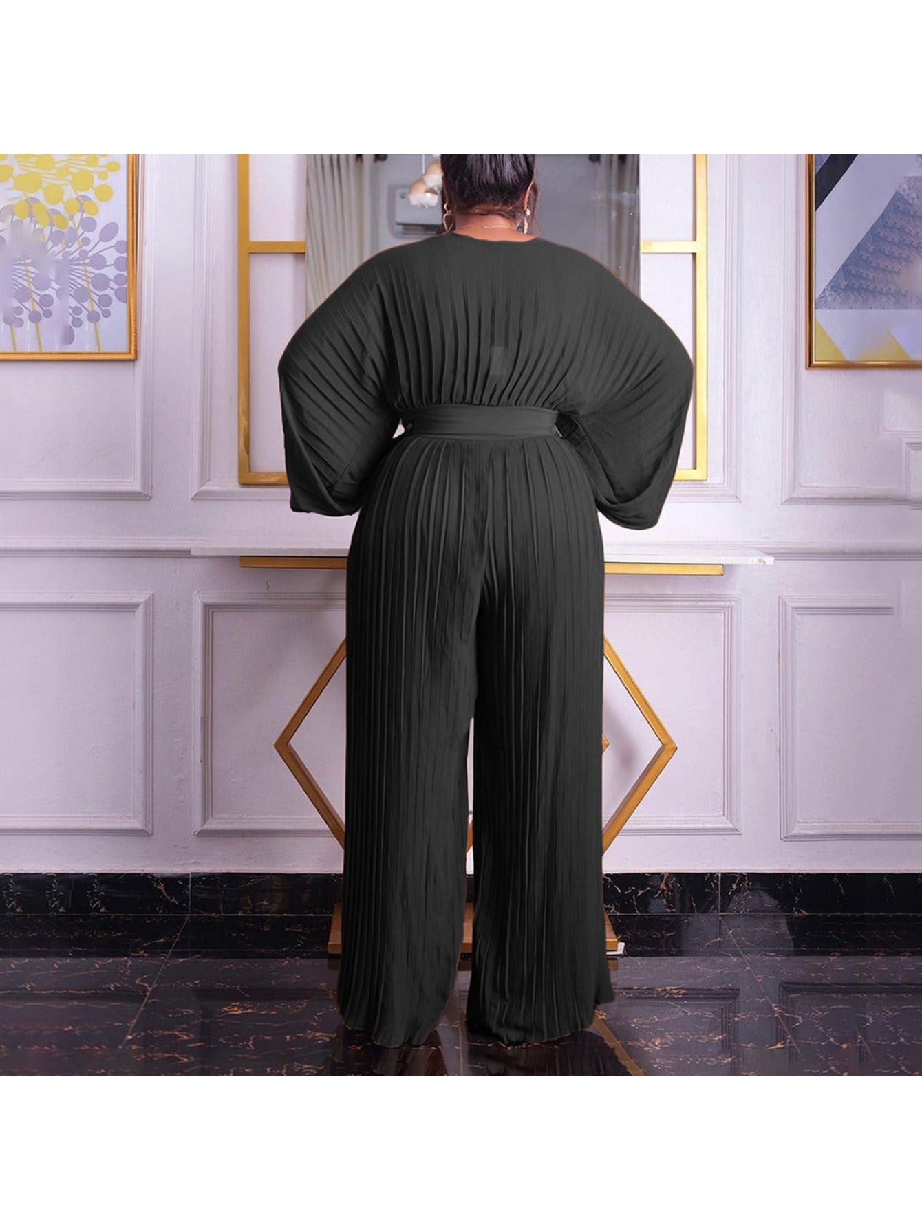 Deep V-Neck Lantern Sleeve High-Waist Jumpsuit – Elegant Wide-Leg One-Piece Outfit