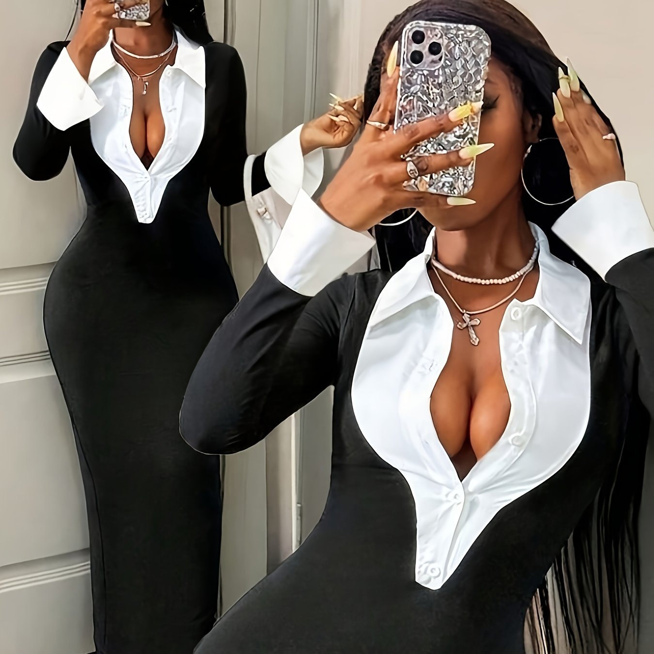 Timeless Grace V-Neck Contrast Midi Dress – Effortless Elegance from Day to Night