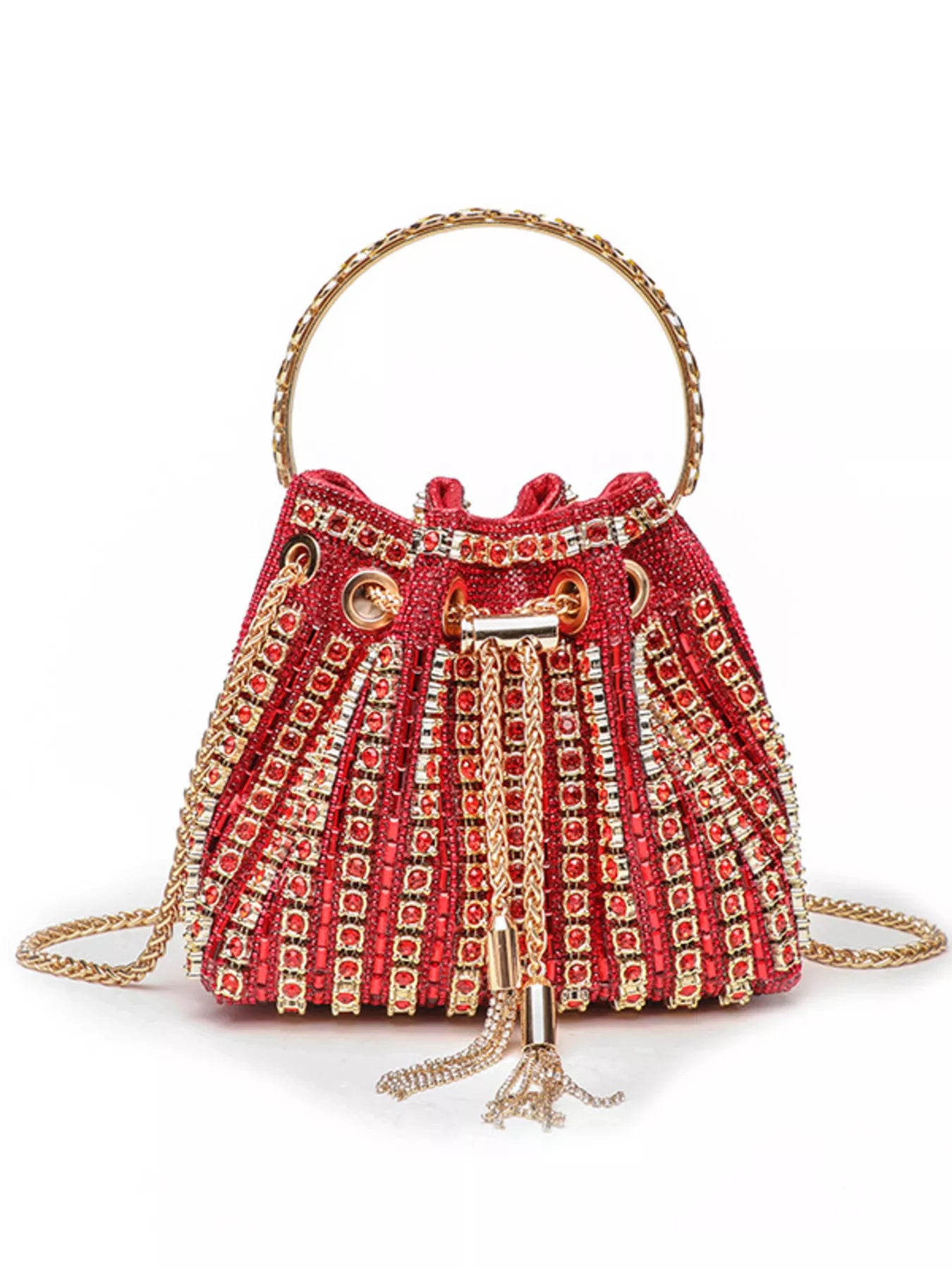 Rhinestone embellished bucket crossbody bag with a compact handbag design, featuring sparkling accents and a trendy style.