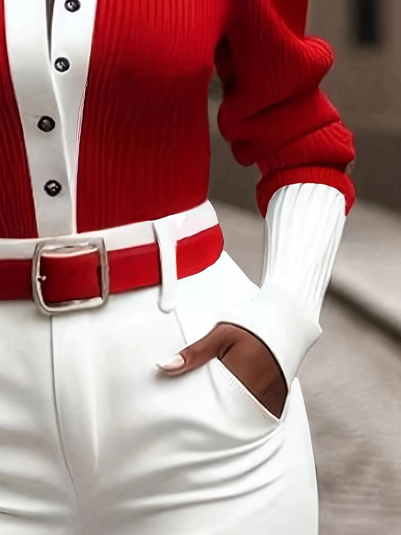 Red And White Color-Blocked Collared Knitted Shirt Toshe Women's Fashions