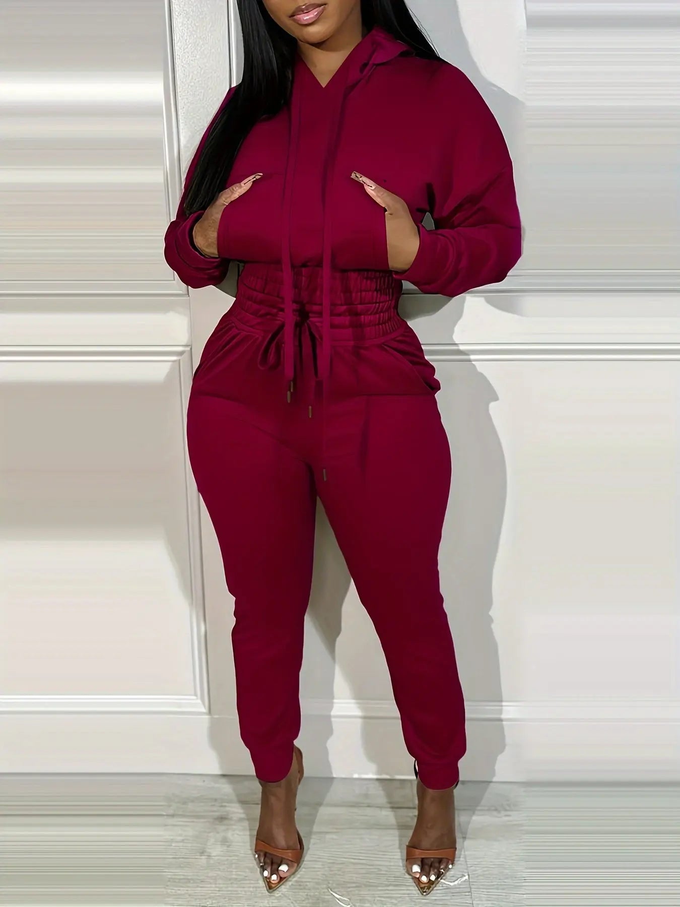 Hooded Crop Top and Shirred Waist Cuffed Jogger Set Toshe Women's Fashions