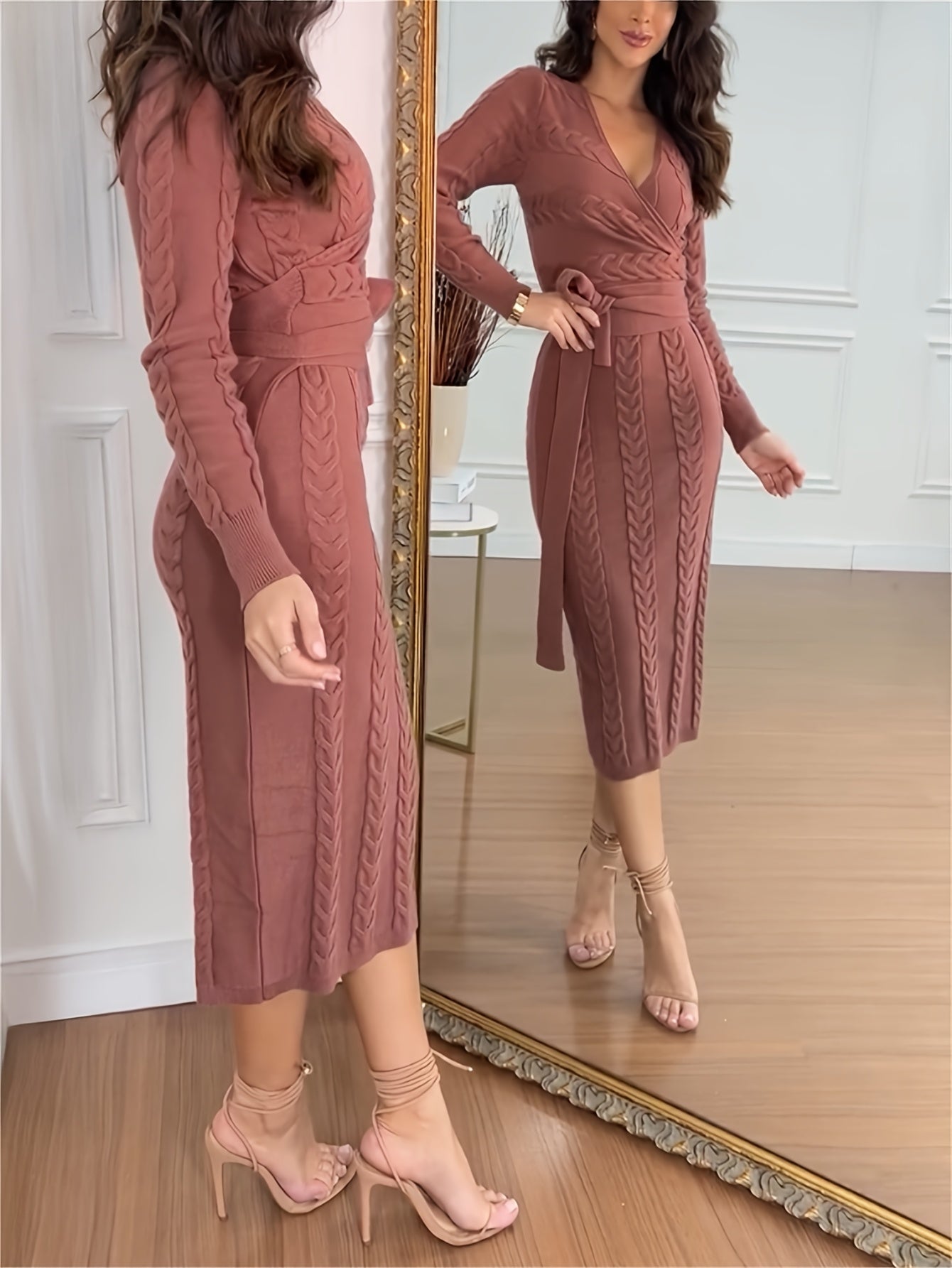 Cable-Knit V-Neck Tie-Waist Sweater Dress