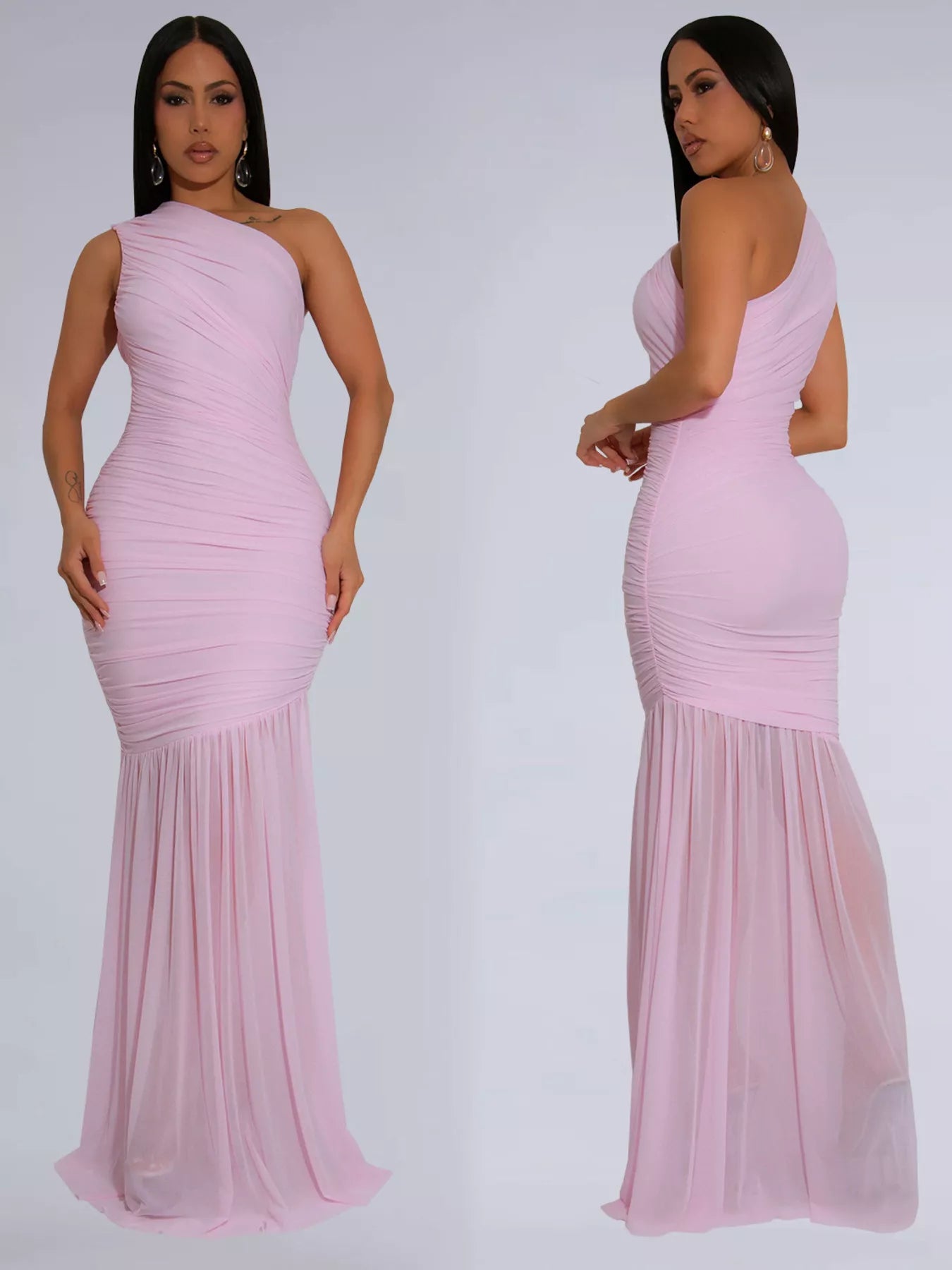 One-shoulder ruched bodycon maxi dress by Trendsi, featuring a sleek fit and elegant design, shown on a model.