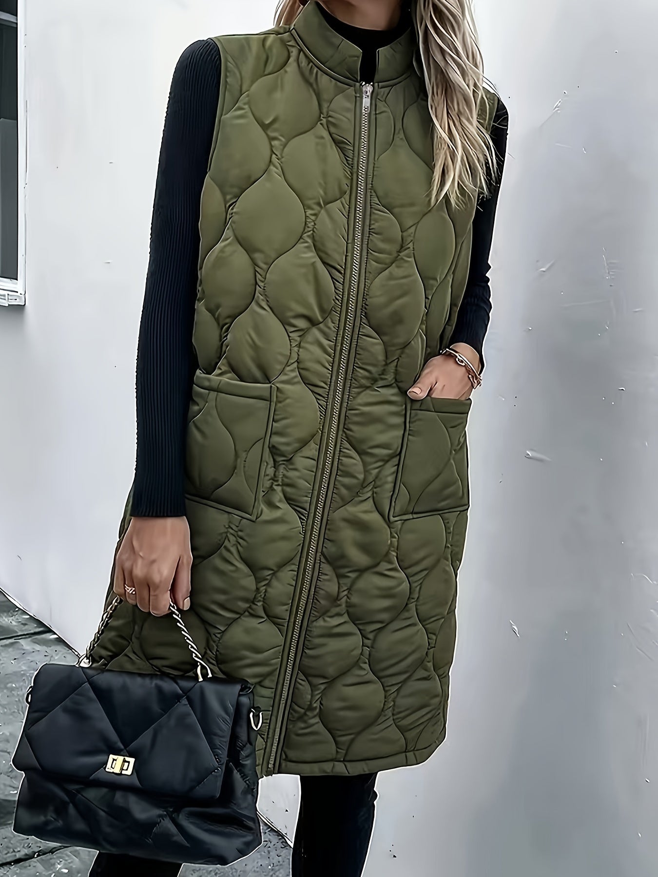 Quilted Army Green Sleeveless Zipper Vest