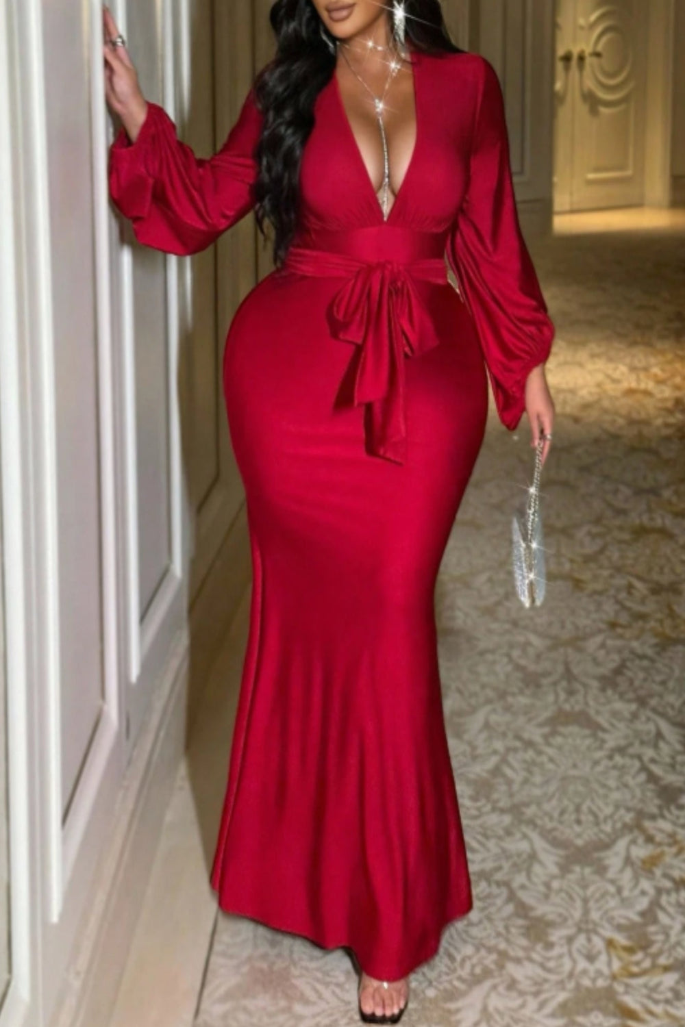 Brilliant Red Deep V-Neck Mermaid Evening Gown –