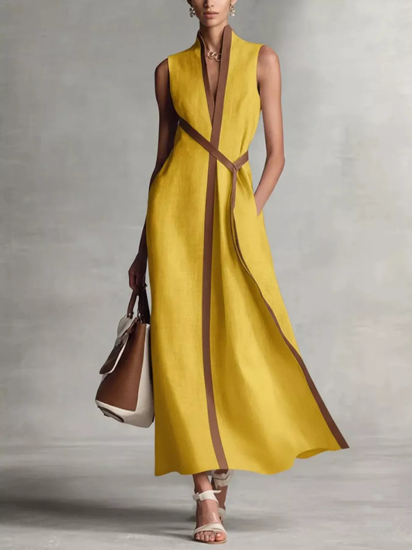 Sleeveless maxi dress with contrast trim from Trendsi, featuring a flowing silhouette and stylish design.