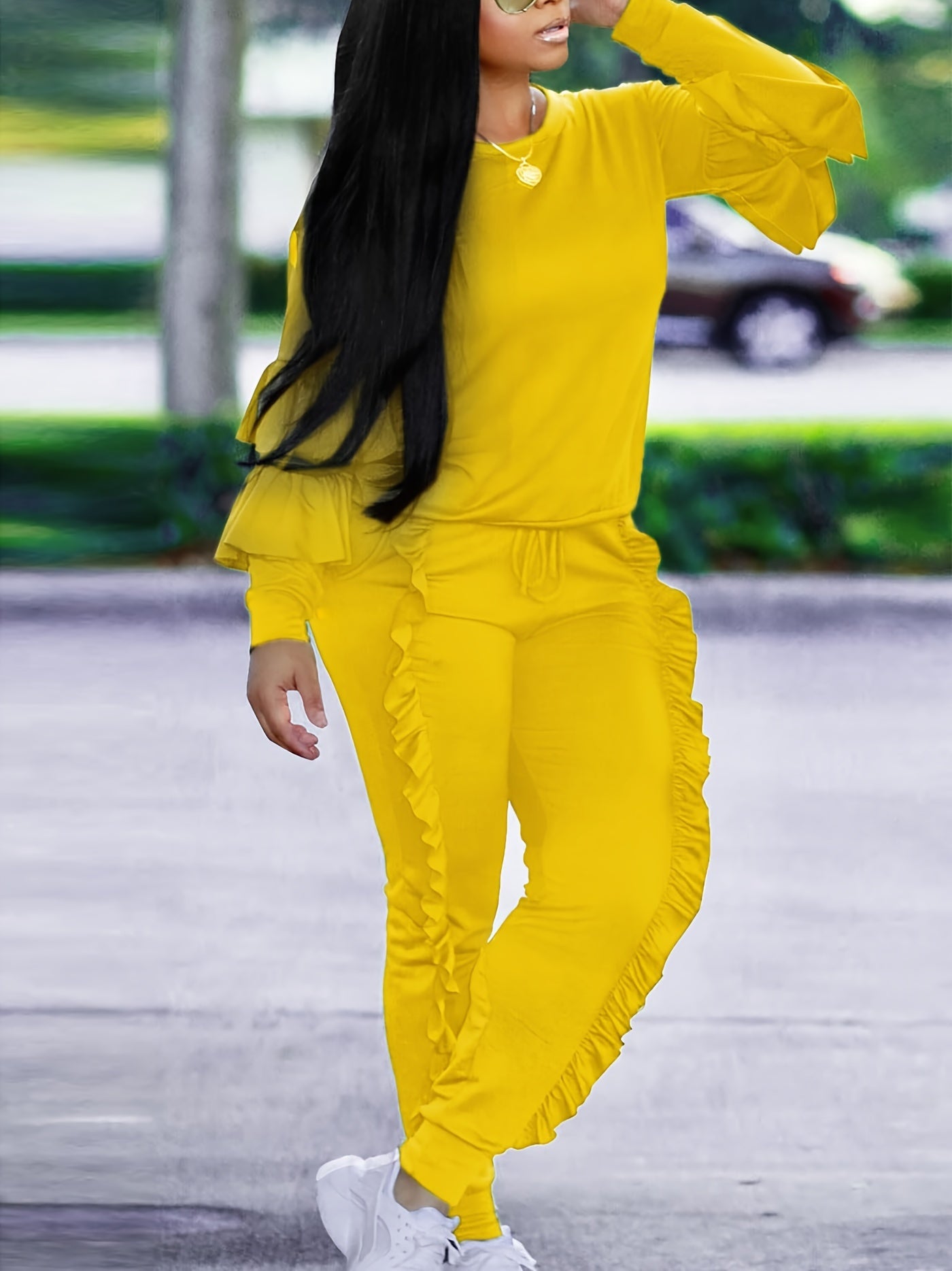 Ruffle-Sleeve Sweatshirt & Jogger Pants Tracksuit Set