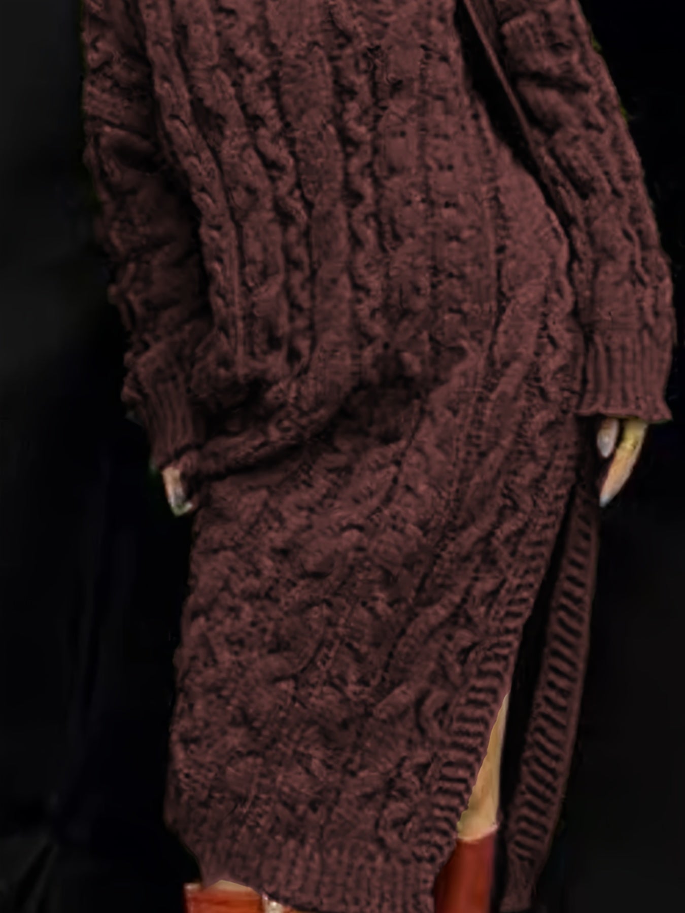 Crimson Turtleneck Cable-Knit Sweater Dress with Side Slit – Cozy Elegant Midi Dress