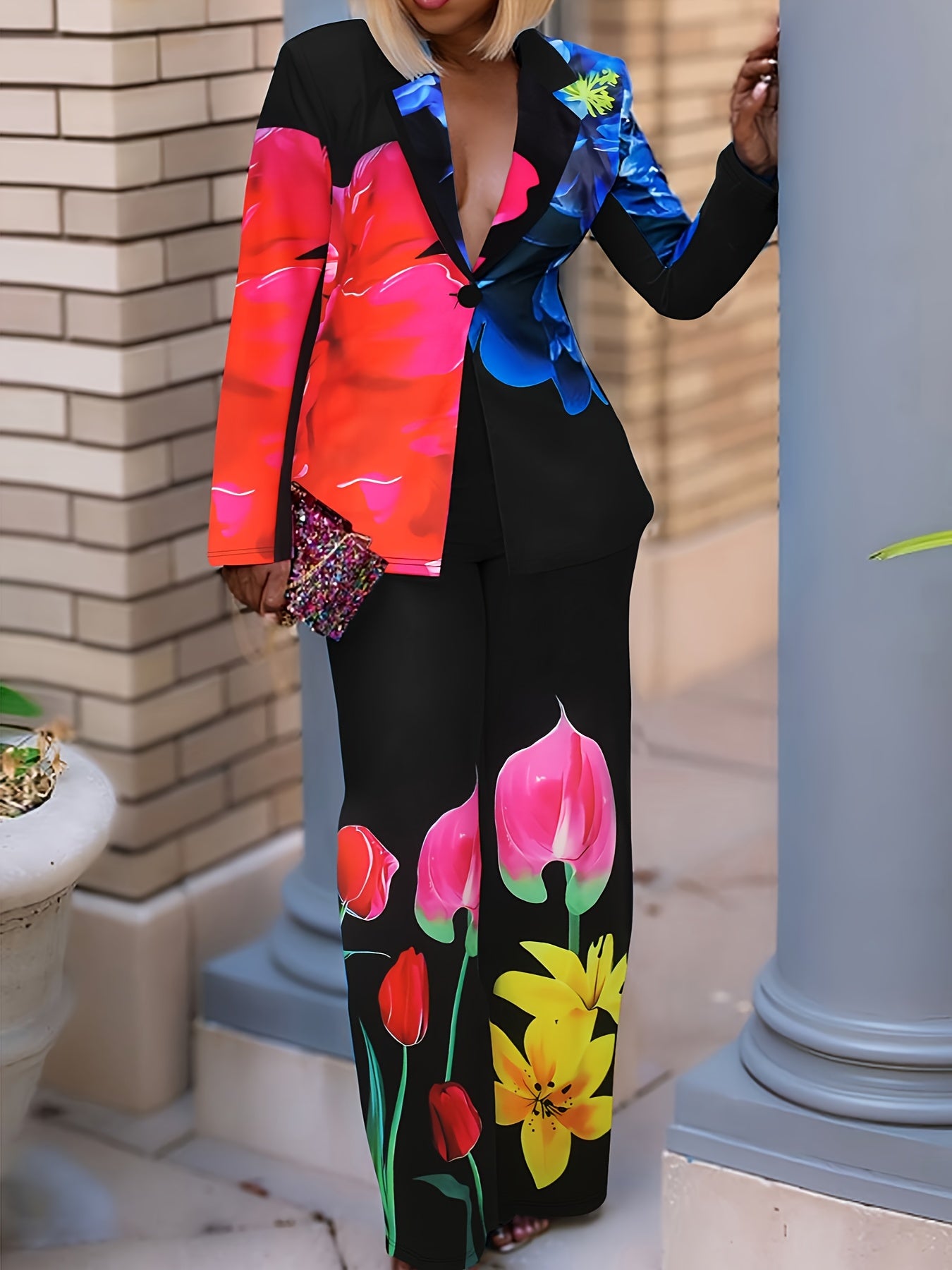 Floral Print V-Neck Blazer and Flare Trouser Pants Set