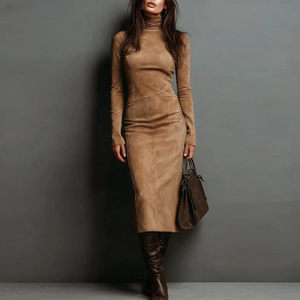 Faux Suede Bodycon Dress with High Neck