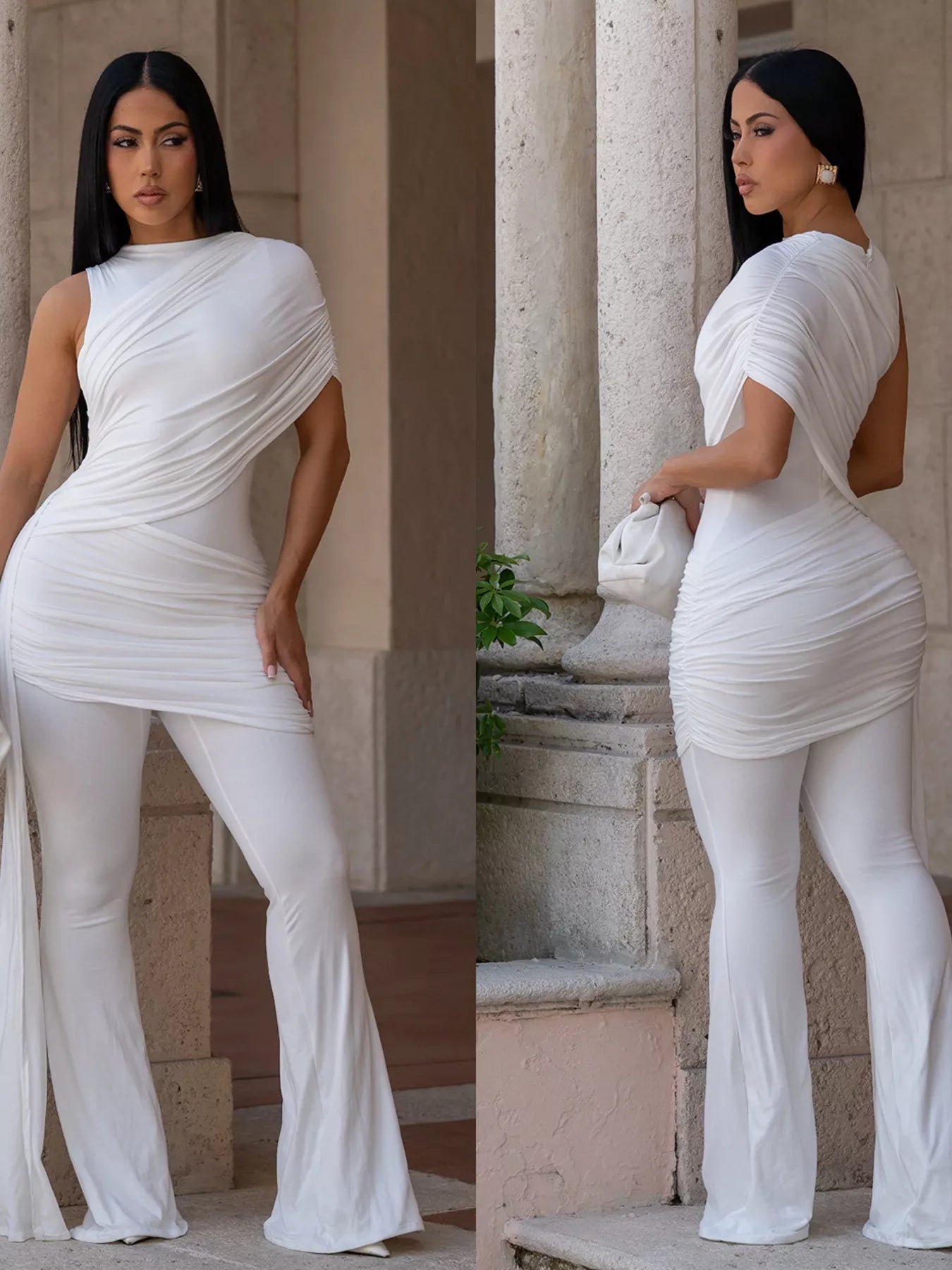 Black ruched one-shoulder flare leg jumpsuit for after 5 occasions, featuring elegant design and fitted silhouette.