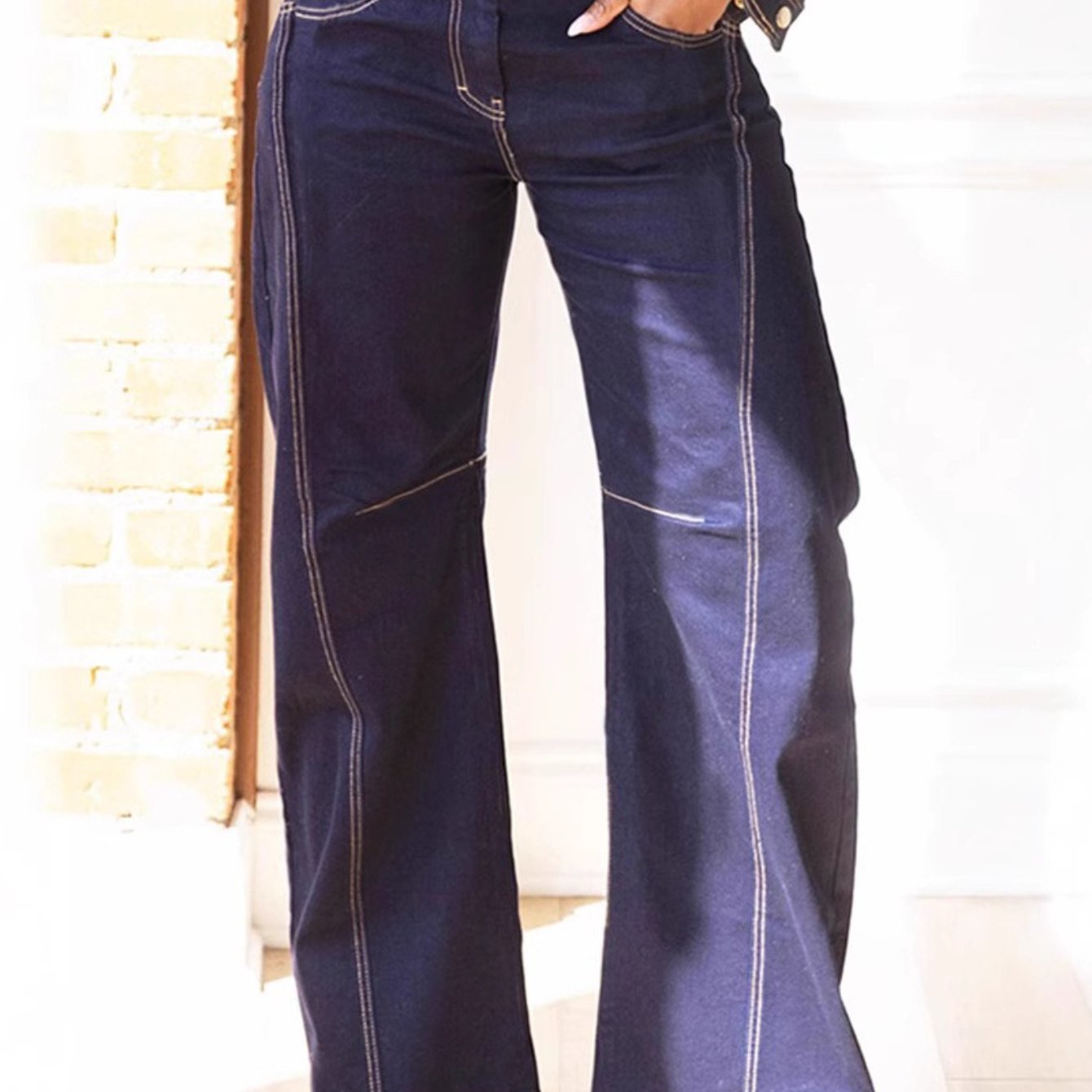Denim Zipper Front Jacket and Stitched Wide-Leg Jean Set