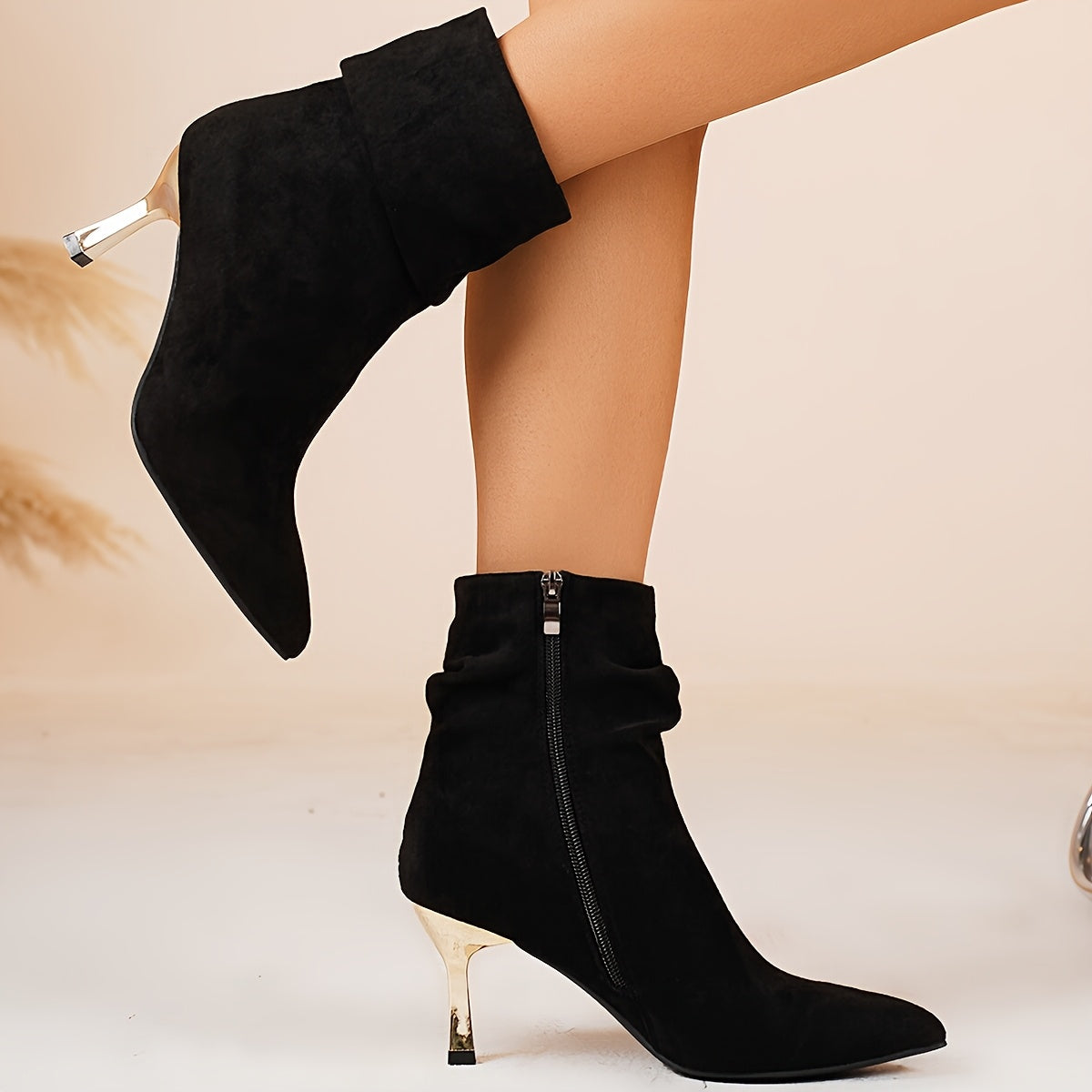 Faux Suede Stiletto Gold Heel Ankle Boots