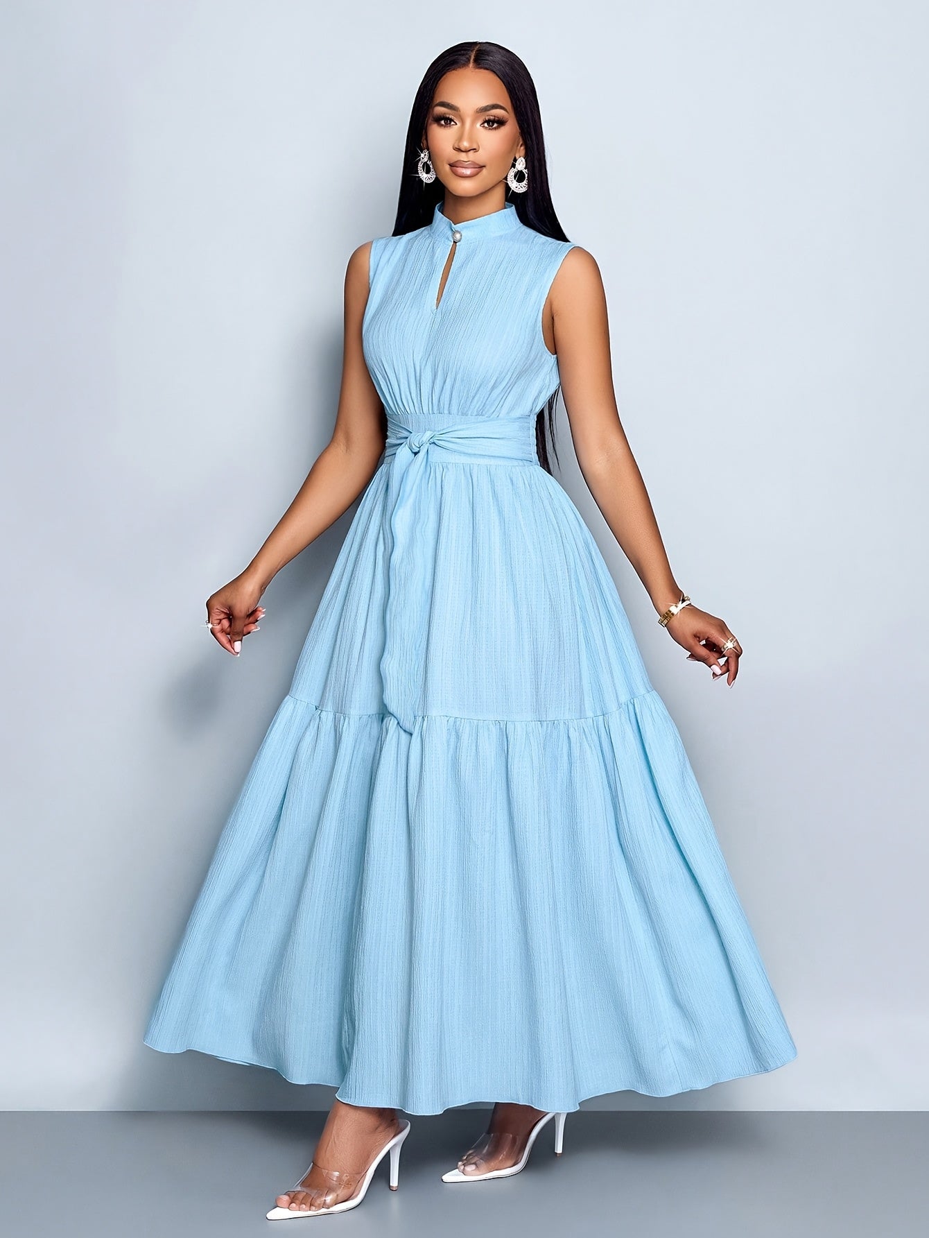 Textured Belted Summer Dress – Ruffled Hem & Lightweight Sleeveless Fit