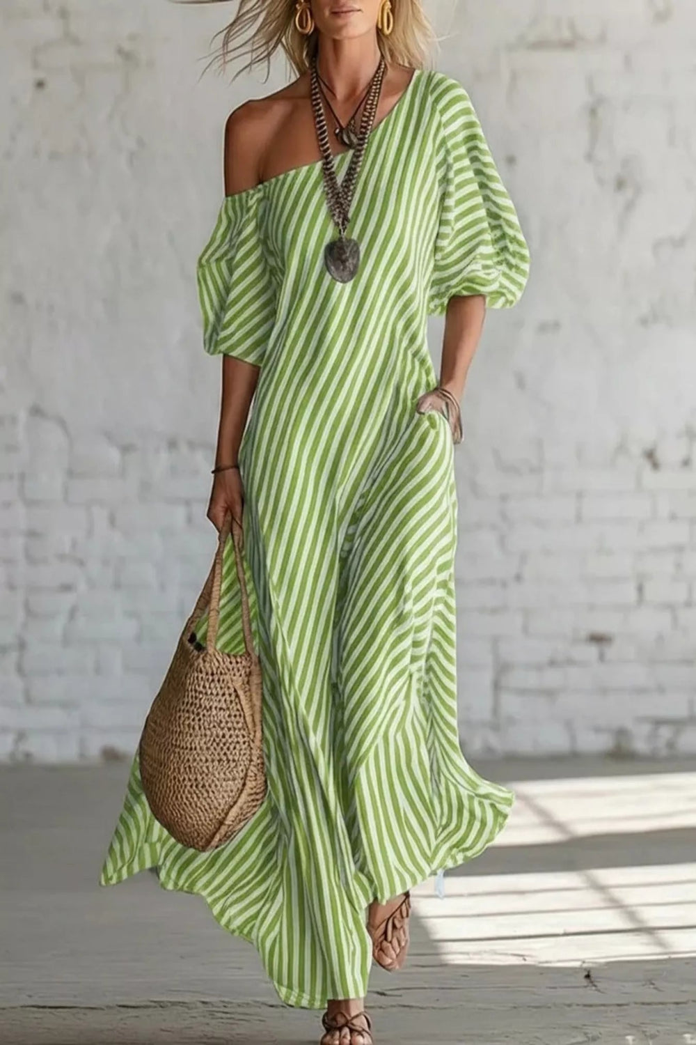 Striped one-shoulder maxi dress by Trendsi featuring bold horizontal stripes and a flowing silhouette.
