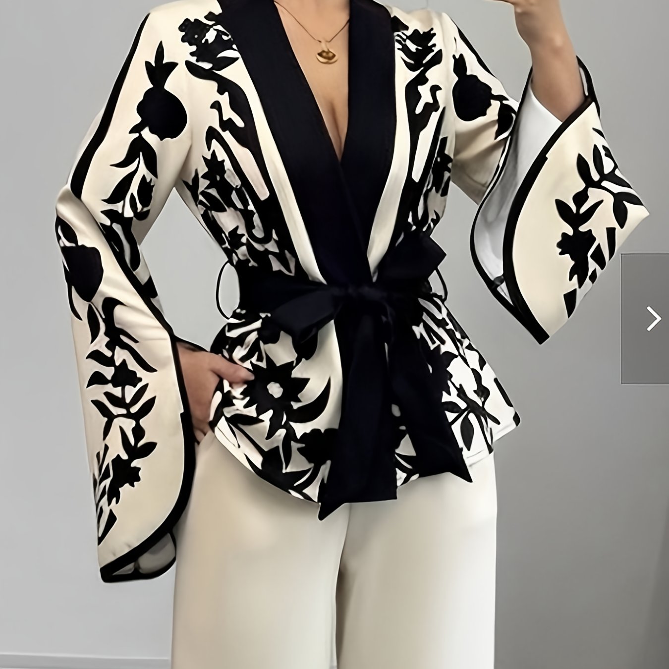 Black Floral Print Belted Blouse
