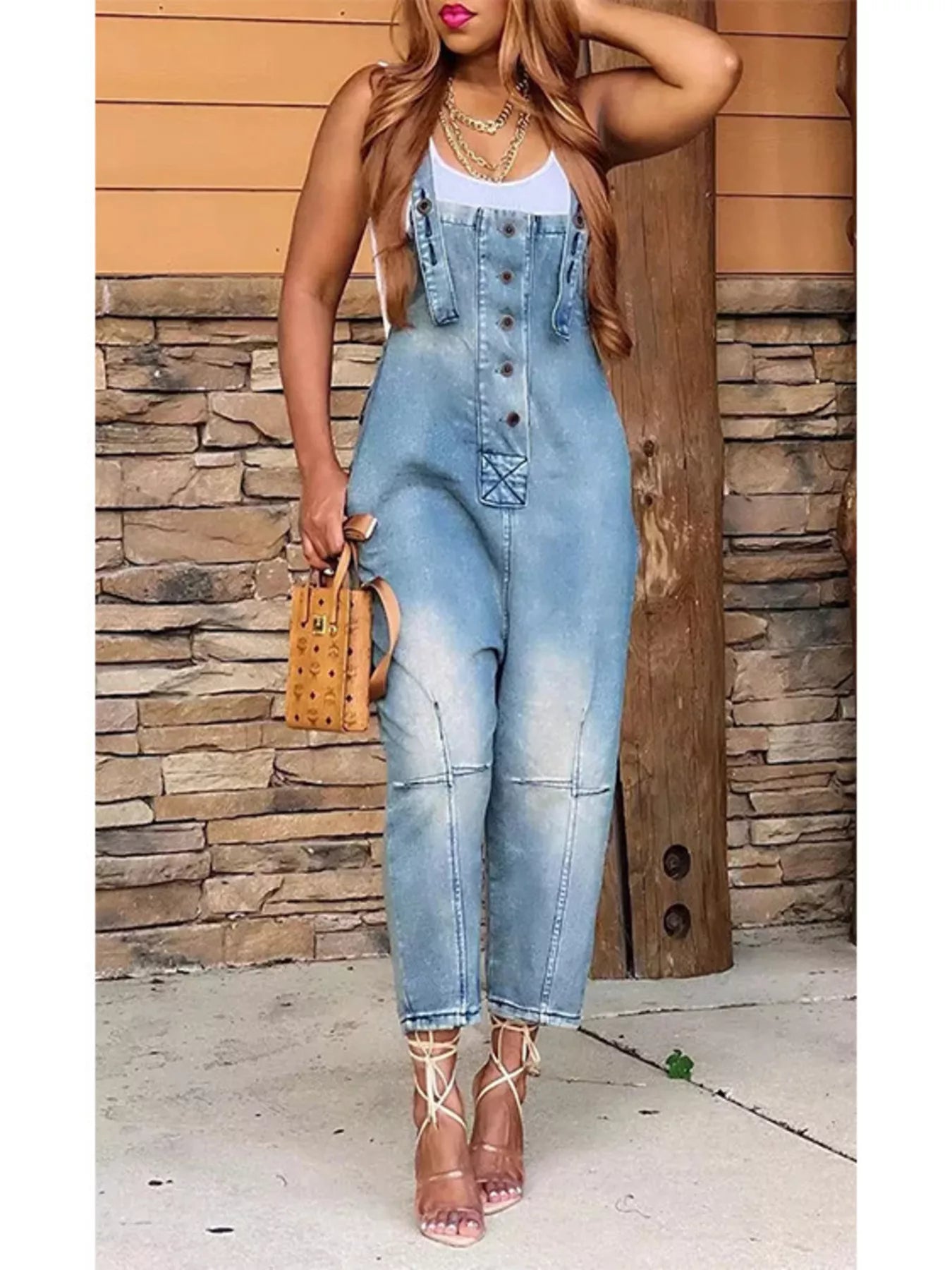 Trendsi denim button front overalls with front and side pockets, casual and stylish, shown on a model.