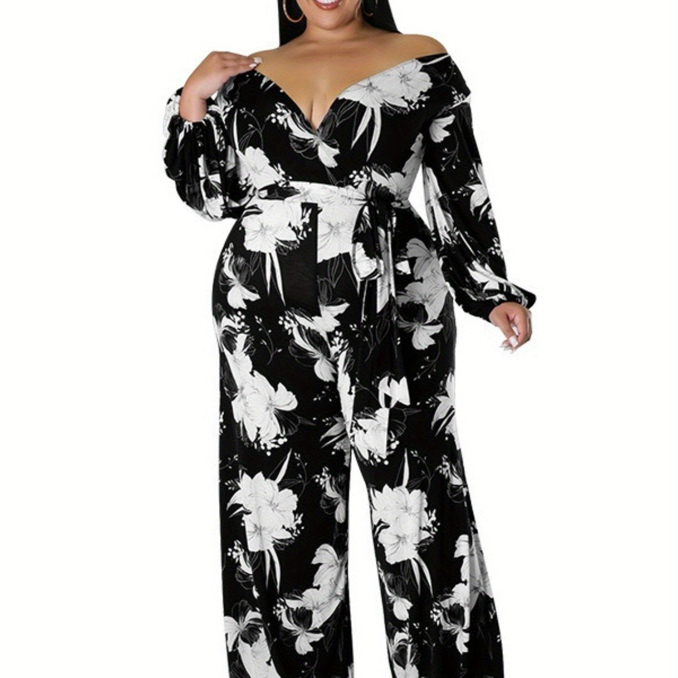 Floral Deep V-Neck Wide-Leg Jumpsuit – Black & White Elegance