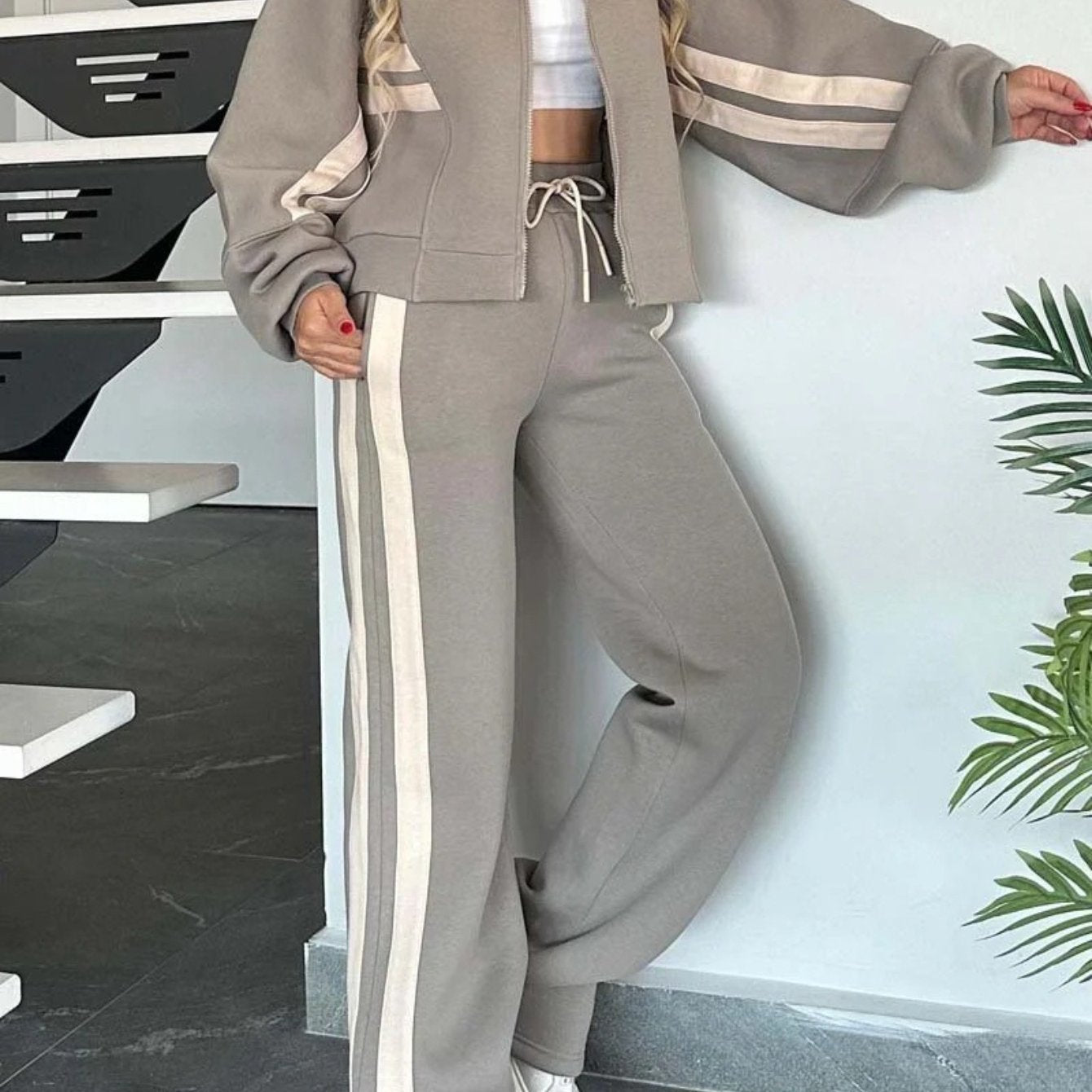 Striped Zipper Jacket and Pants Set