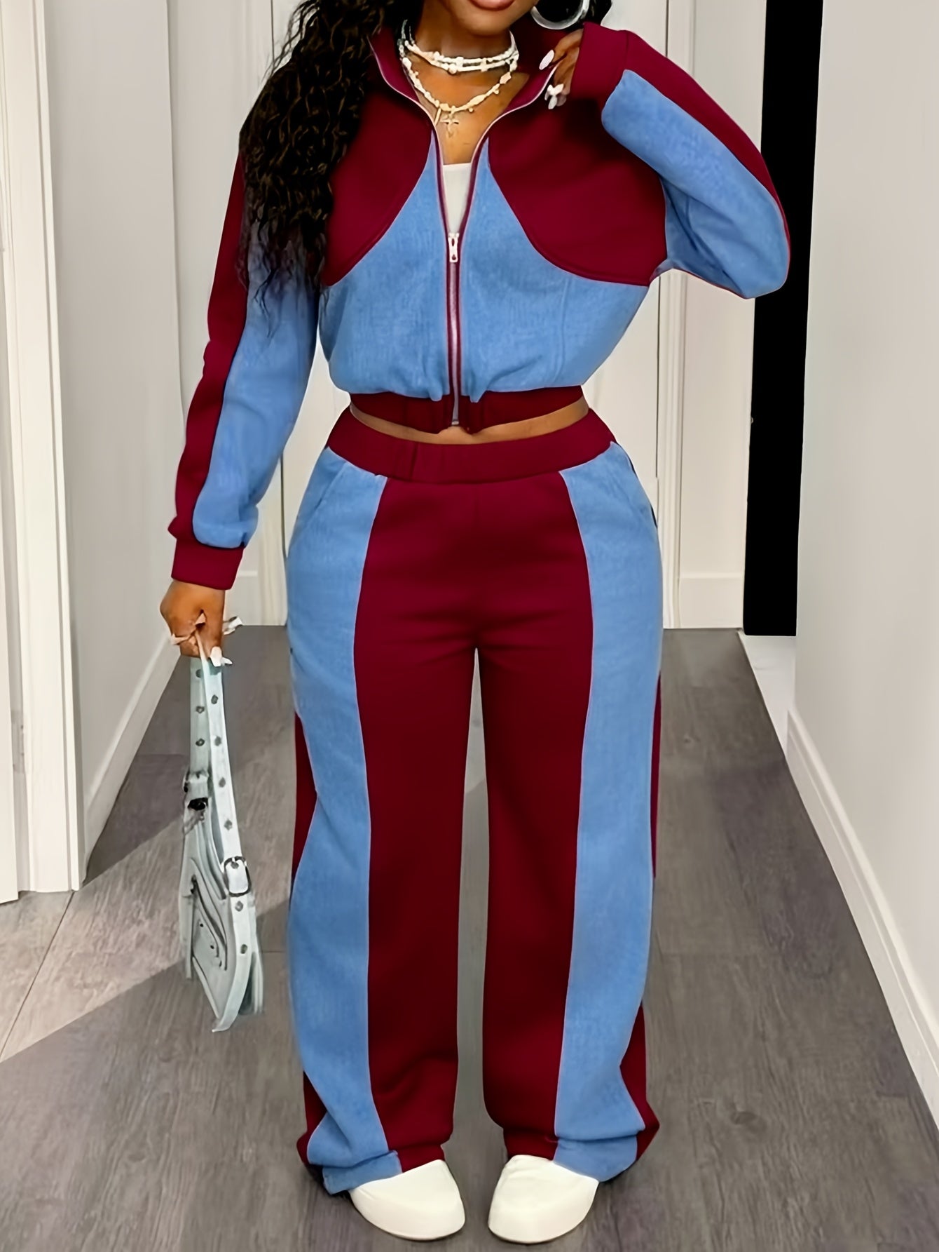 Color Block Zip Up Jacket & Wide Leg Pants Set