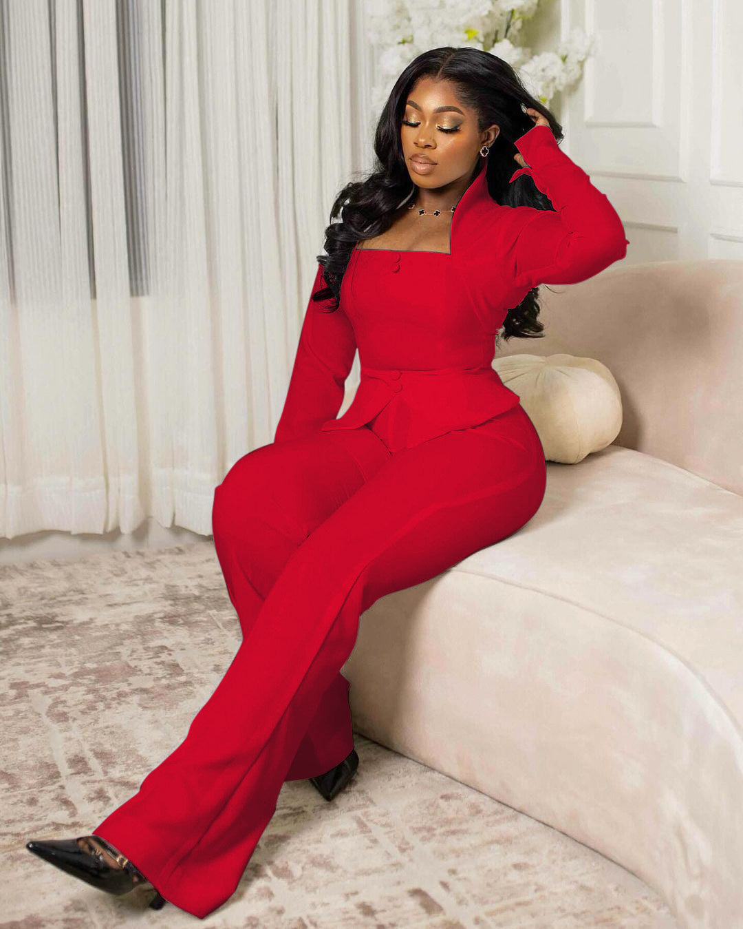 Squared Neck Button Detail Split-Front Top with Flare Pants – Chic Two-Piece Outfit