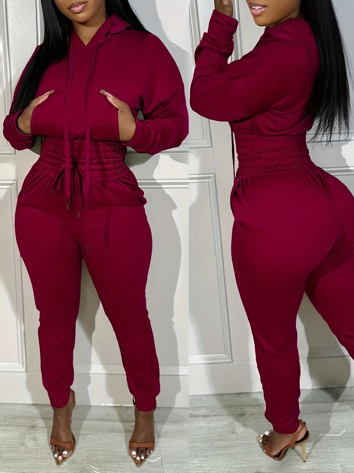 Hooded Crop Top and Shirred Waist Cuffed Jogger Set Toshe Women's Fashions