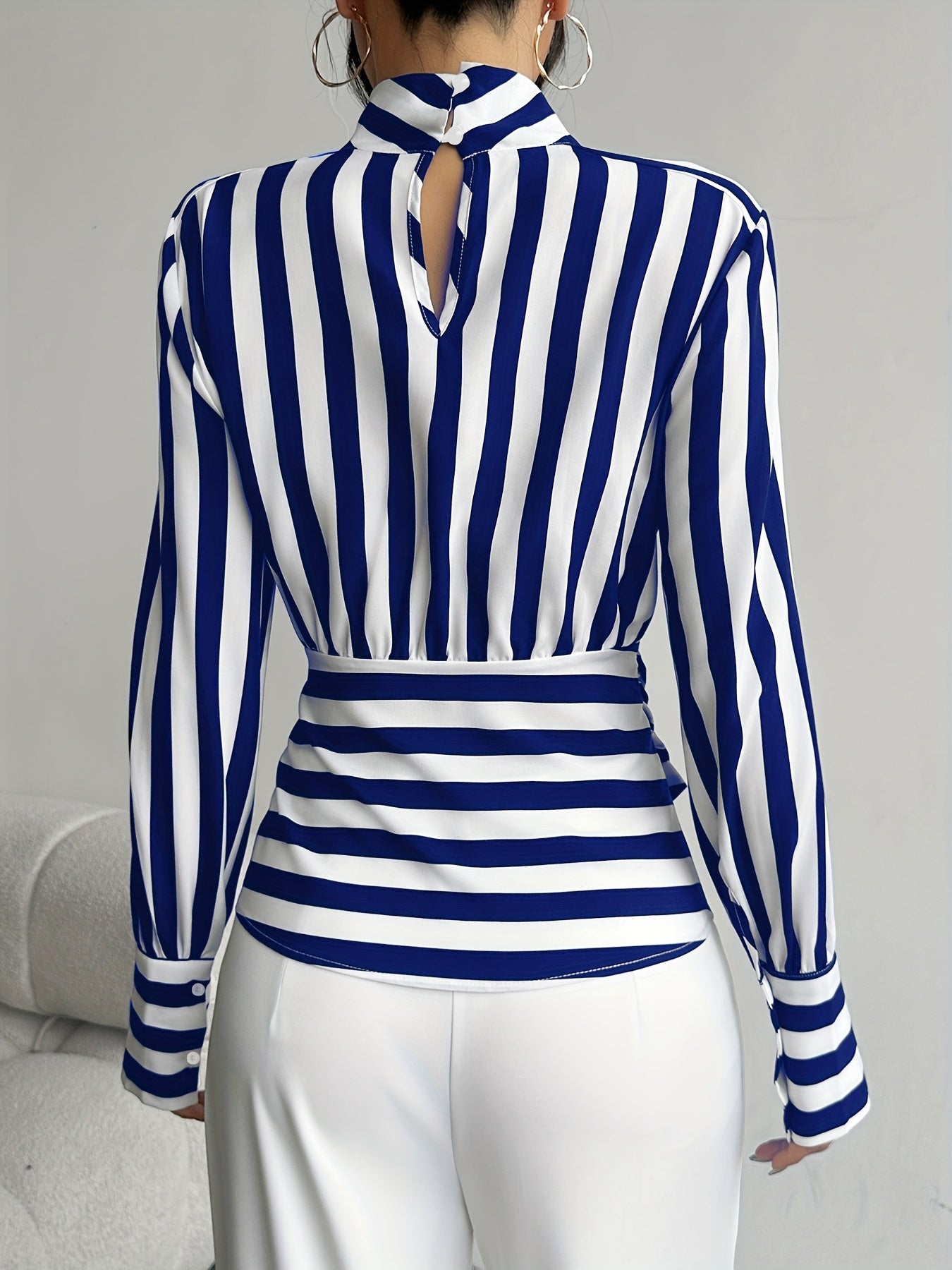 Elegant High-Neck Stripe Blouse – Adjustable Waist Tie, Long Sleeves & Smooth Fabric