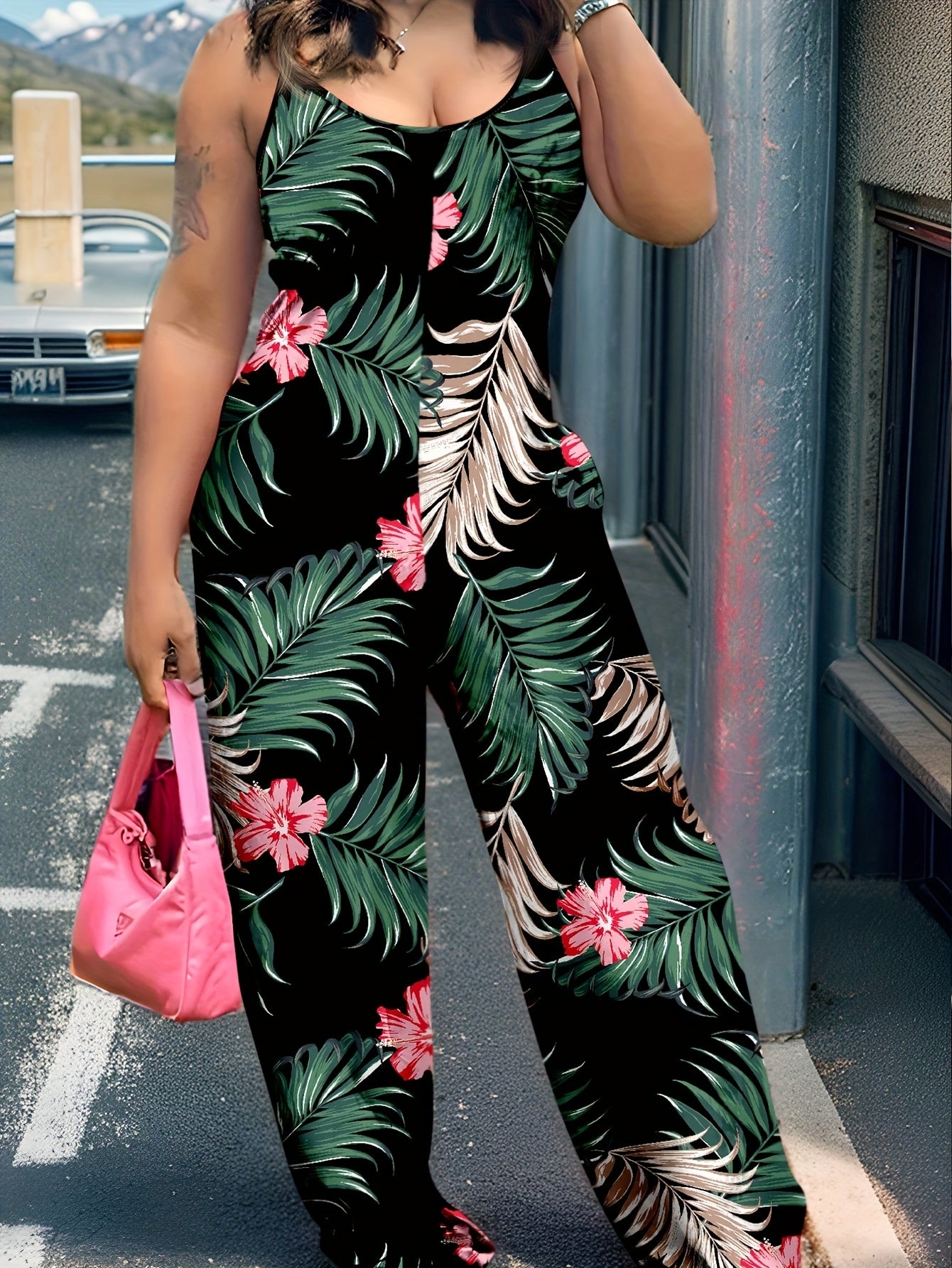 Tropical Palm Leaf Wide-Leg Jumpsuit – Sleeveless, Lightweight & Effortless