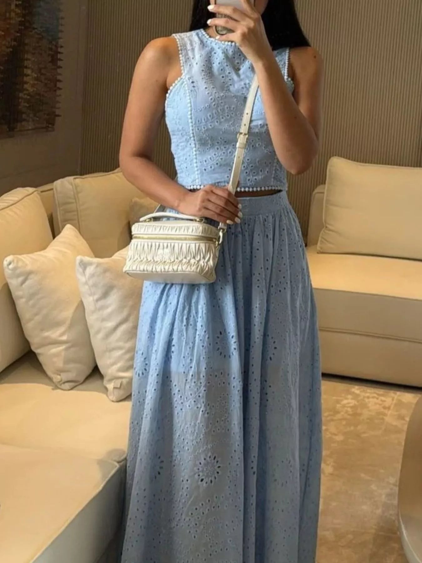 Trendsi eyelet crop top and maxi skirt set, stylish matching skirt set with eyelet details, perfect for summer or casual wear.