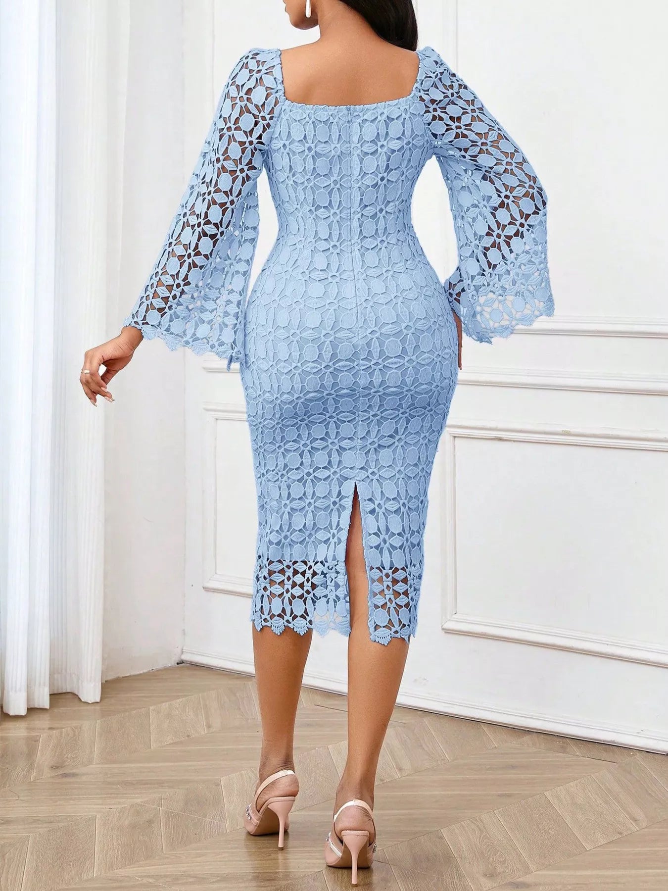 Lace square neck midi dress by Trendsi featuring delicate lace fabric and a fitted silhouette, perfect for elegant occasions.