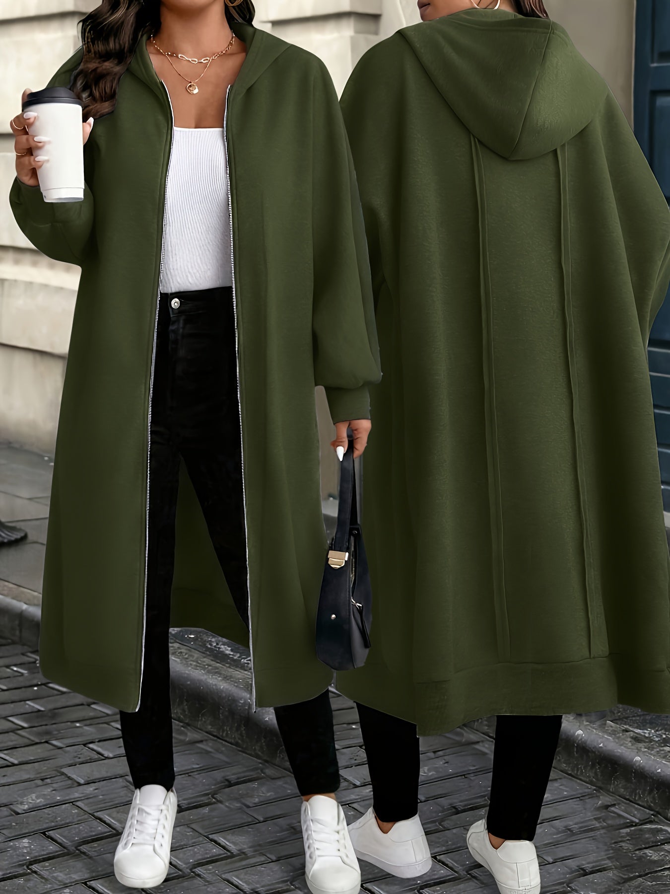 Hooded Zipper Front Long Overcoat