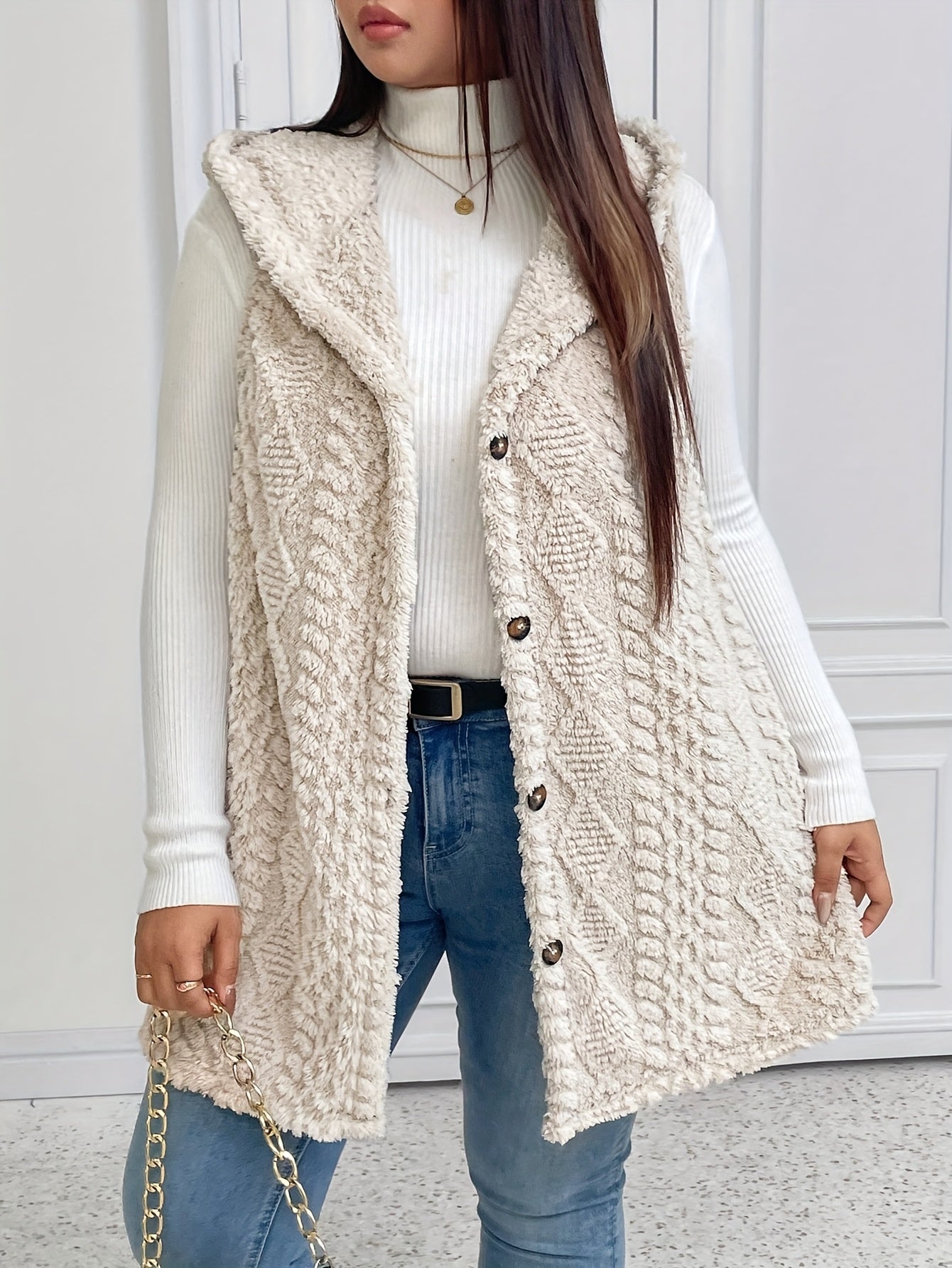 Hooded Fleece-Lined Faux Button Sleeveless Vest
