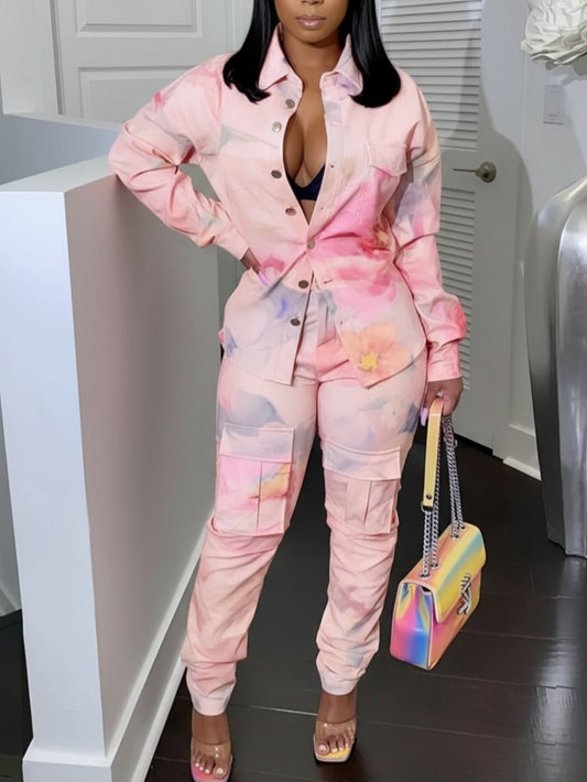 Pink Tie-Dye Button-Front Jacket & Cargo Pocket Pants Set