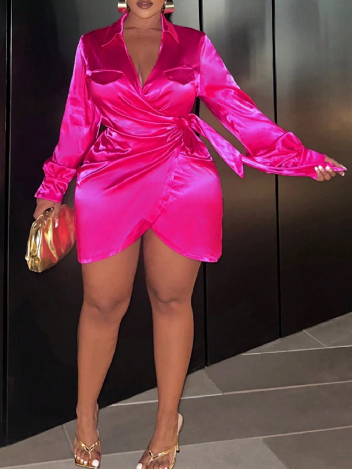 Bright Pink Satin-Collar Wrap Mini Dress