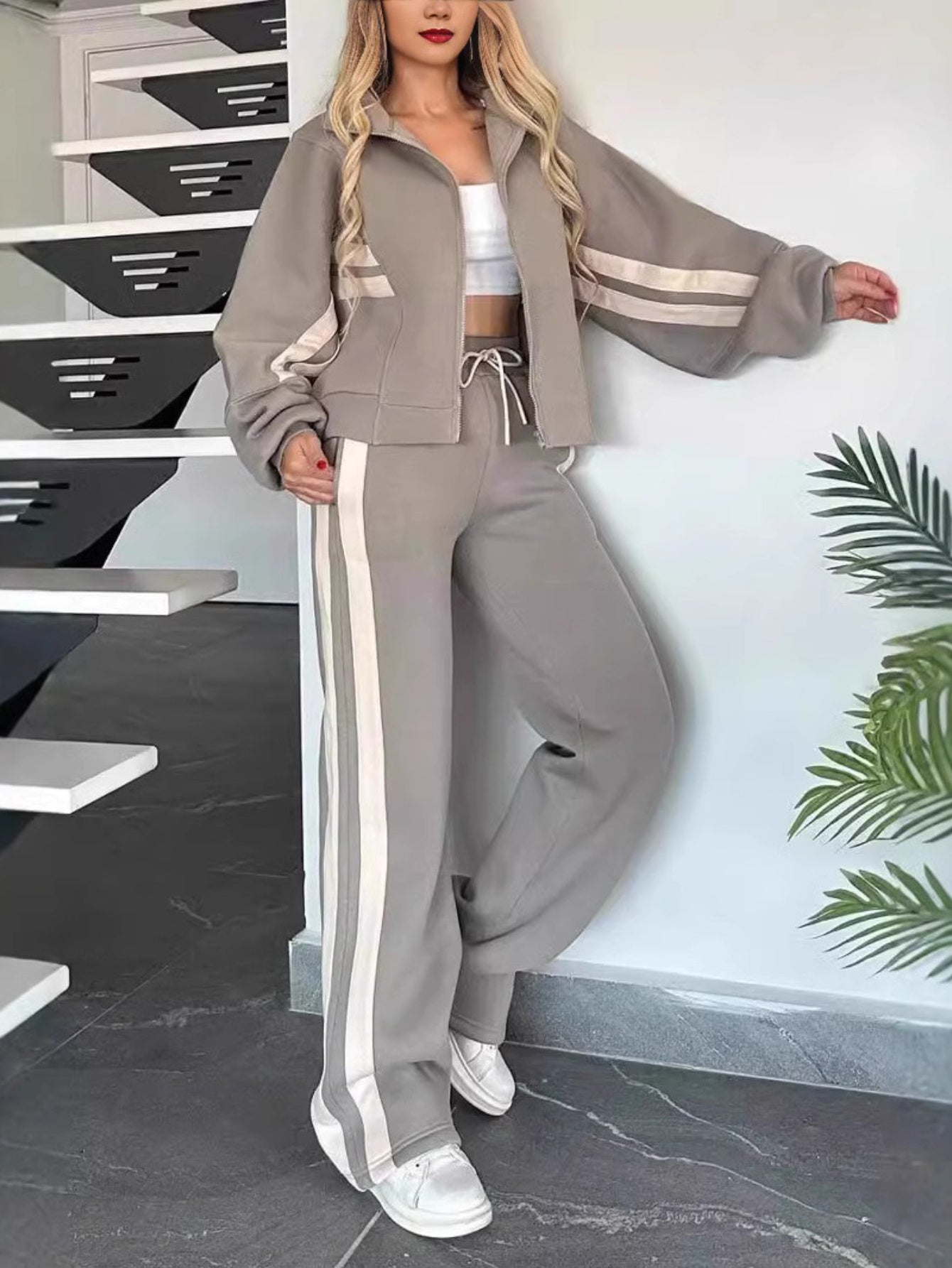 Striped Zipper Jacket and Pants Set