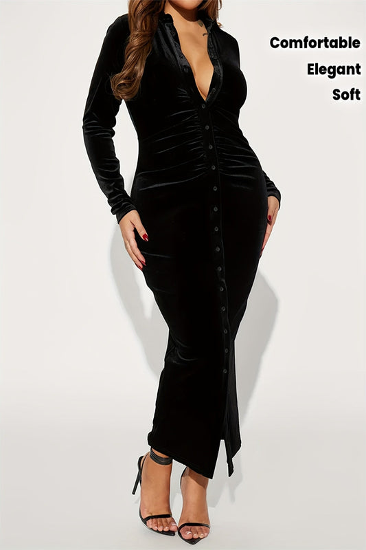 Black Velour Button Front Deep V Dress