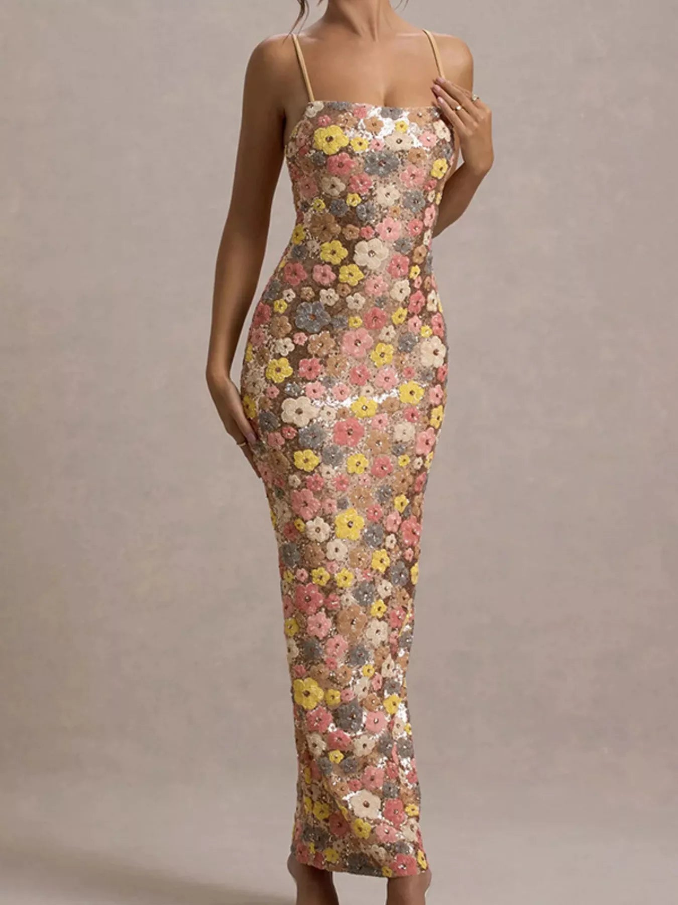 Floral sequin embellished bodycon maxi dress for after 5 occasions, featuring vibrant floral patterns and elegant fit.