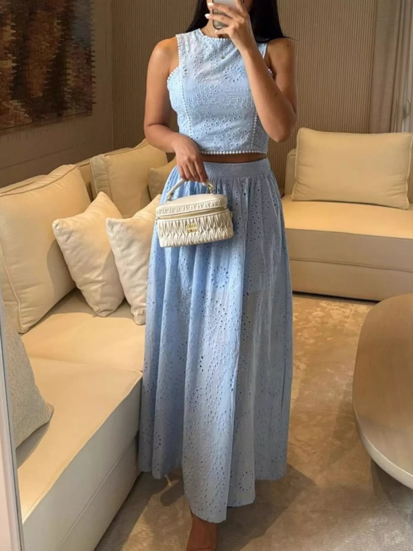 Trendsi eyelet crop top and maxi skirt set, stylish matching outfit in eyelet fabric, shown on a model.