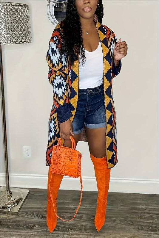 Geometric Print Knitted Cardigan – Cozy Open Front Sweater for Women