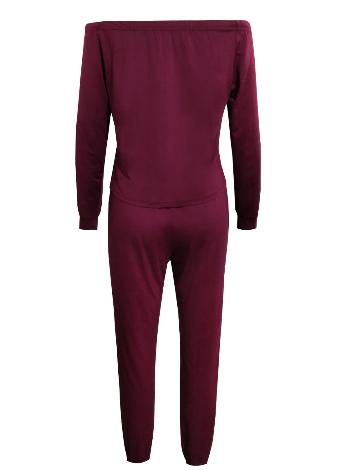 Burgundy off-shoulder top and cropped pants set by Trendsi, featuring stylish neckline and modern fitted design.