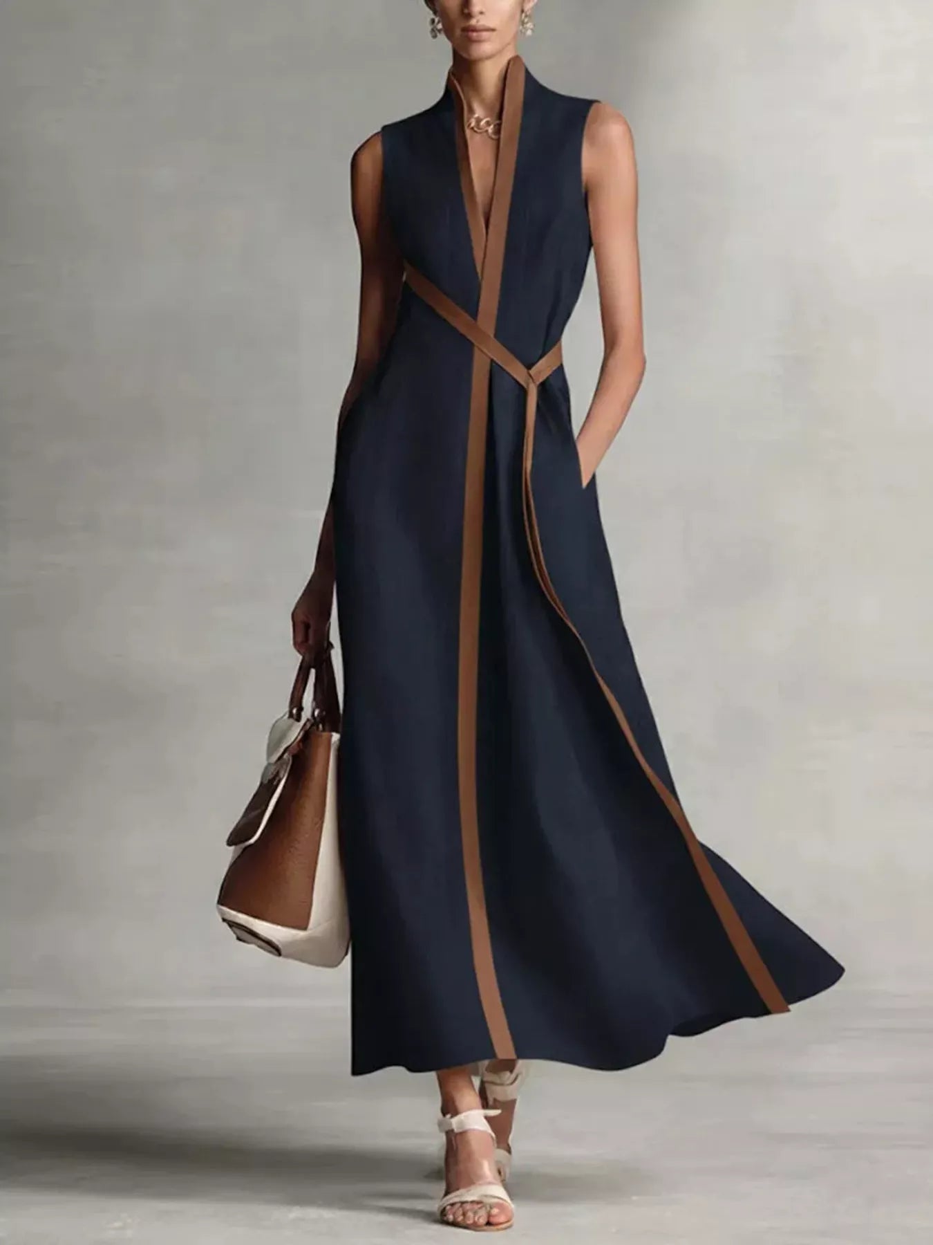 Sleeveless maxi dress with contrast trim from Trendsi, featuring a flowy silhouette and stylish design, perfect for summer wear.