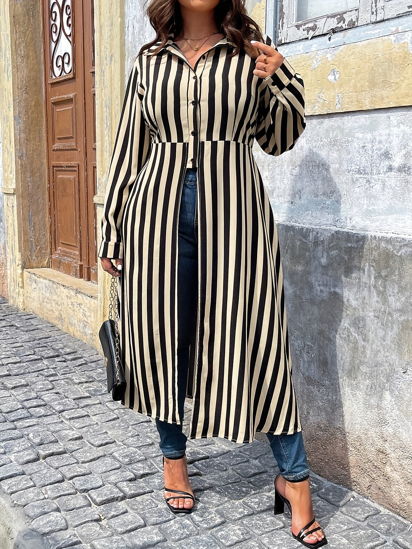 Collared Striped Button-Up Hi-Lo Blouse with Front Split