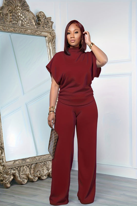 Red Two-Piece Set – High Neck Cap Sleeve Top & Wide Leg Pants Outfit