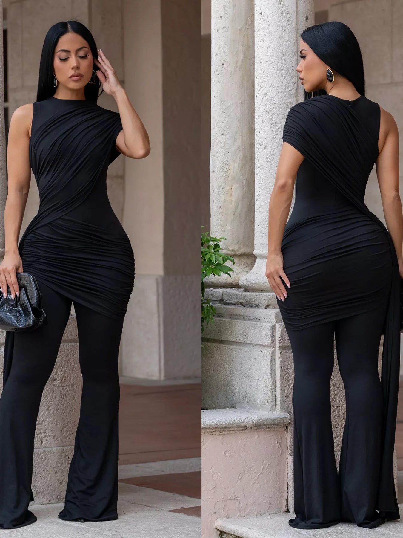 Elegant black ruched one-shoulder flare-leg jumpsuit from Trendsi, perfect for after 5 occasions, featuring stylish draped details.