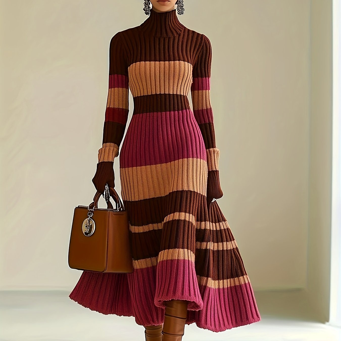 Color Block Ribbed Knit Turtleneck Dress – Sleek, Cozy & Bold