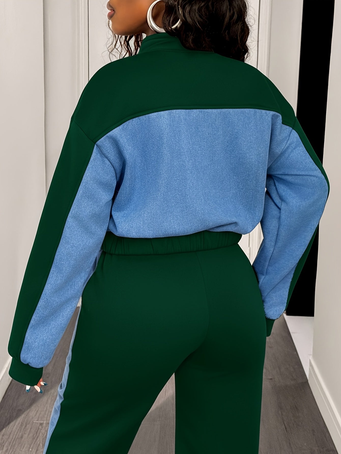 Color Block Zip Up Jacket & Wide Leg Pants Set