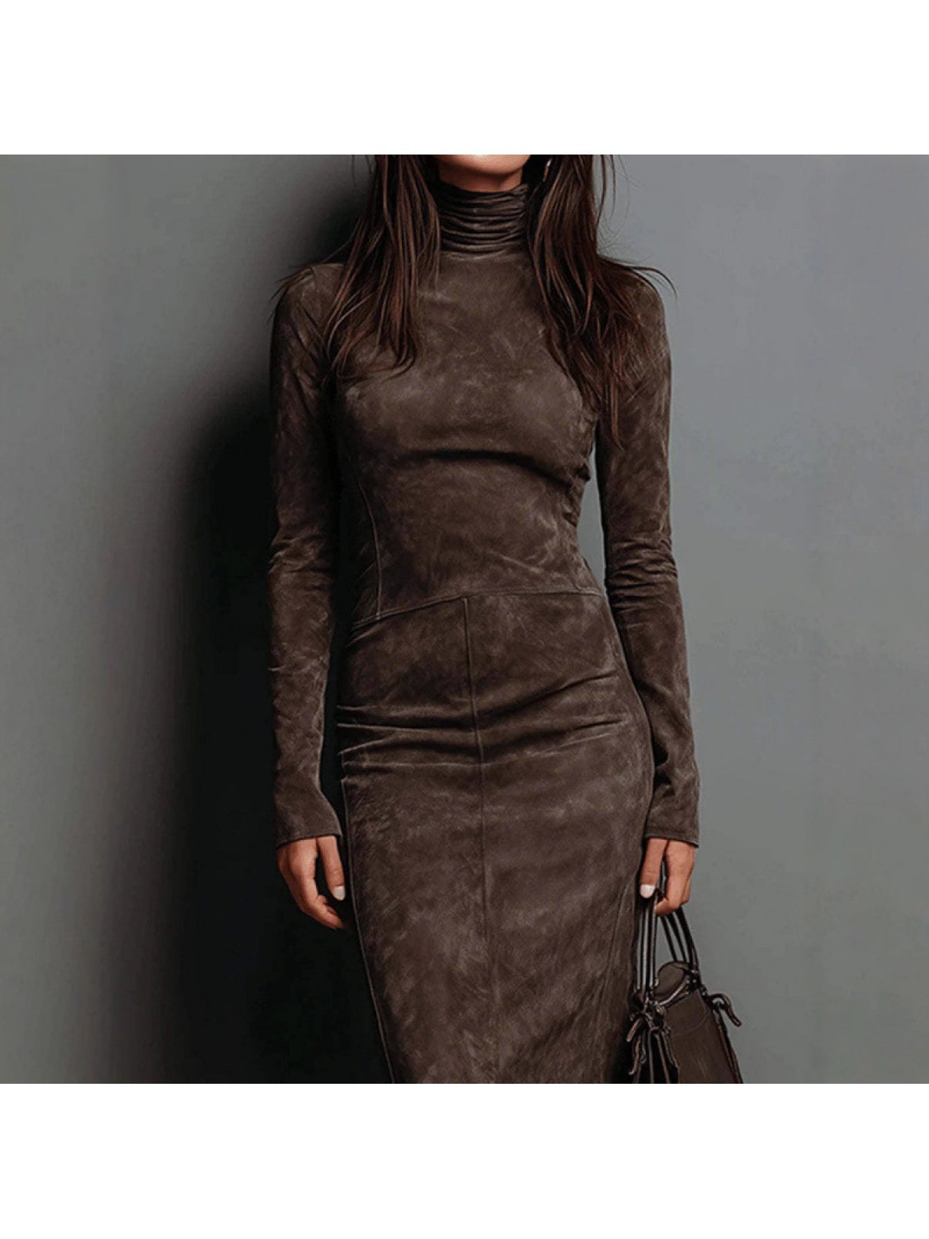 Faux Suede Bodycon Dress with High Neck